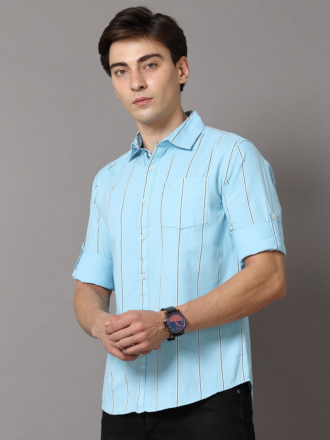 

Jean Cafe Men Blue Premium Slim Fit Striped Pure Cotton Casual Shirt