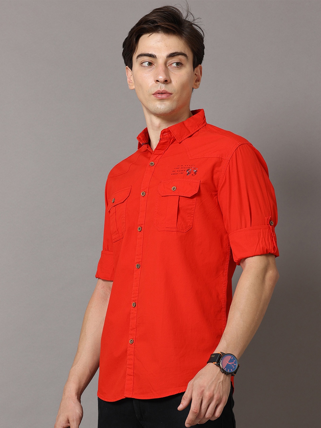 

Jean Cafe Men Red Premium Slim Fit Printed Pure Cotton Casual Shirt