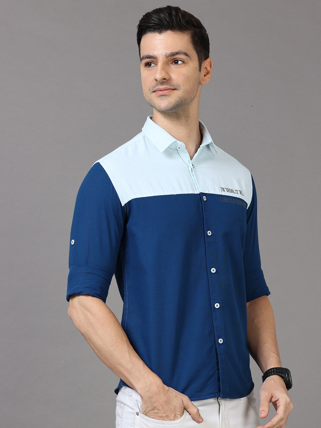 

Jean Cafe Men Blue Premium Slim Fit Colourblocked Pure Cotton Casual Shirt