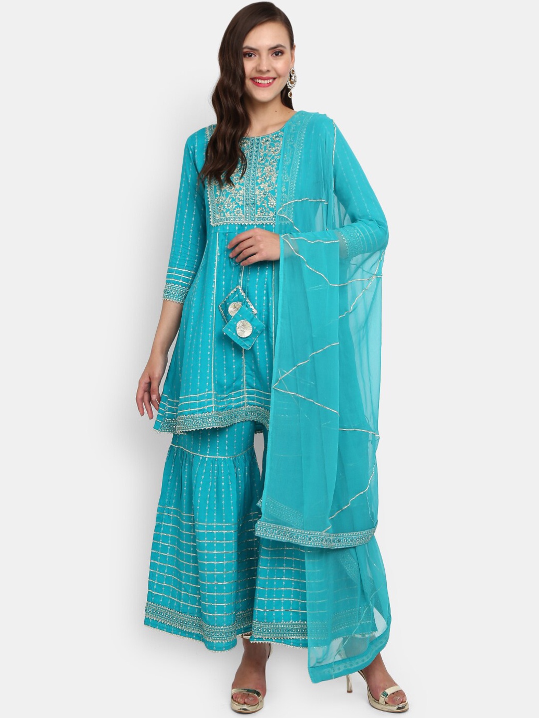 

V-Mart Women Teal Ethnic Motifs Embroidered Gotta Patti Kurta with Sharara & With Dupatta