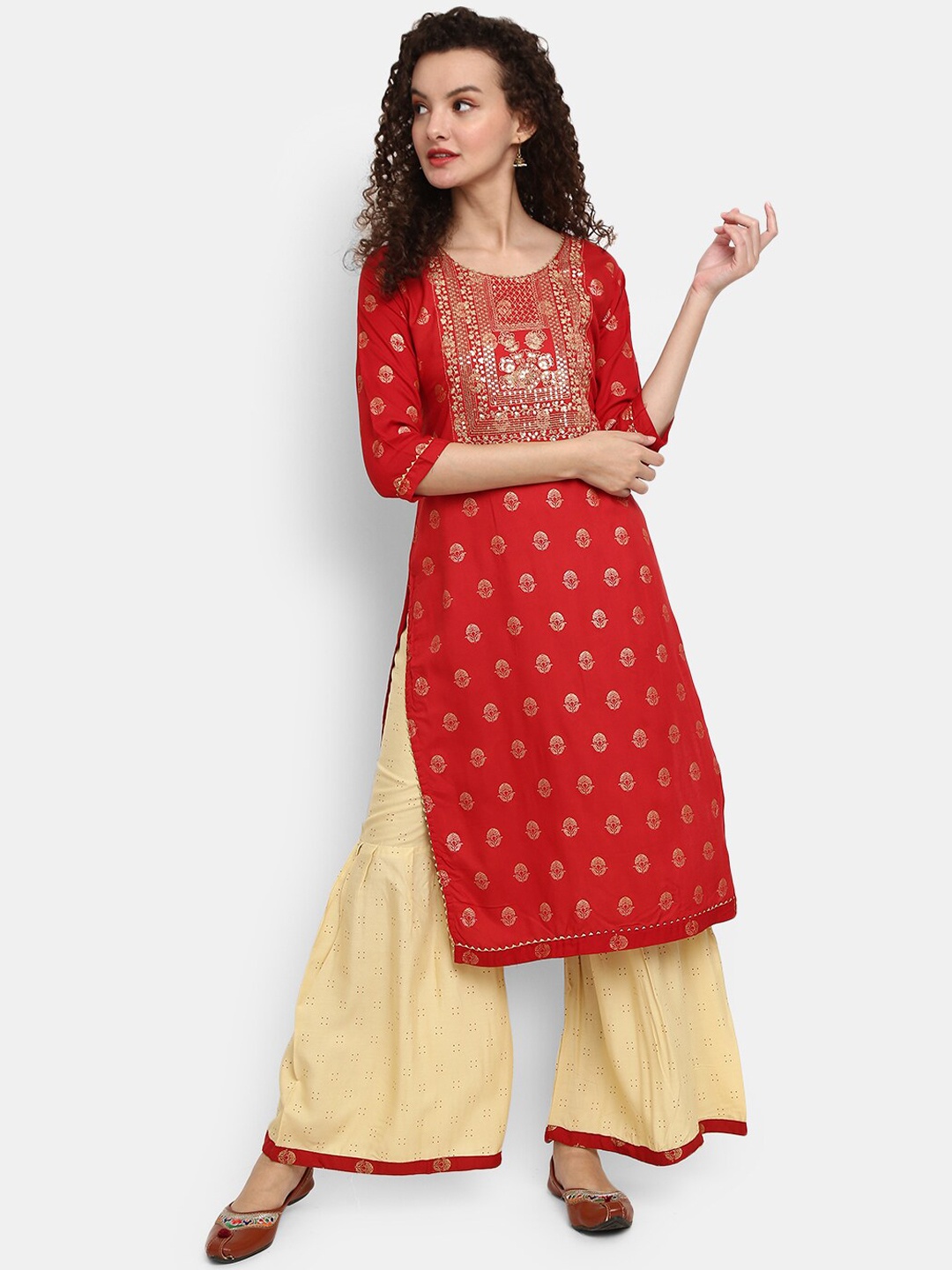 

V-Mart Women Maroon Ethnic Motifs Printed Sequinned Kurta with Palazzos