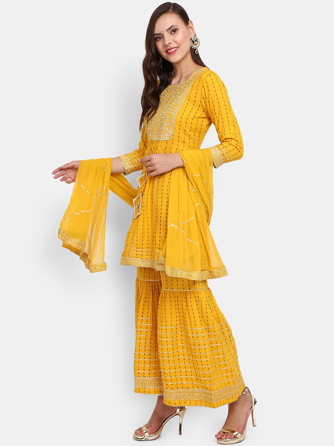 

V-Mart Women Yellow Ethnic Motifs Printed Mirror Work Kurta with Salwar & With Dupatta