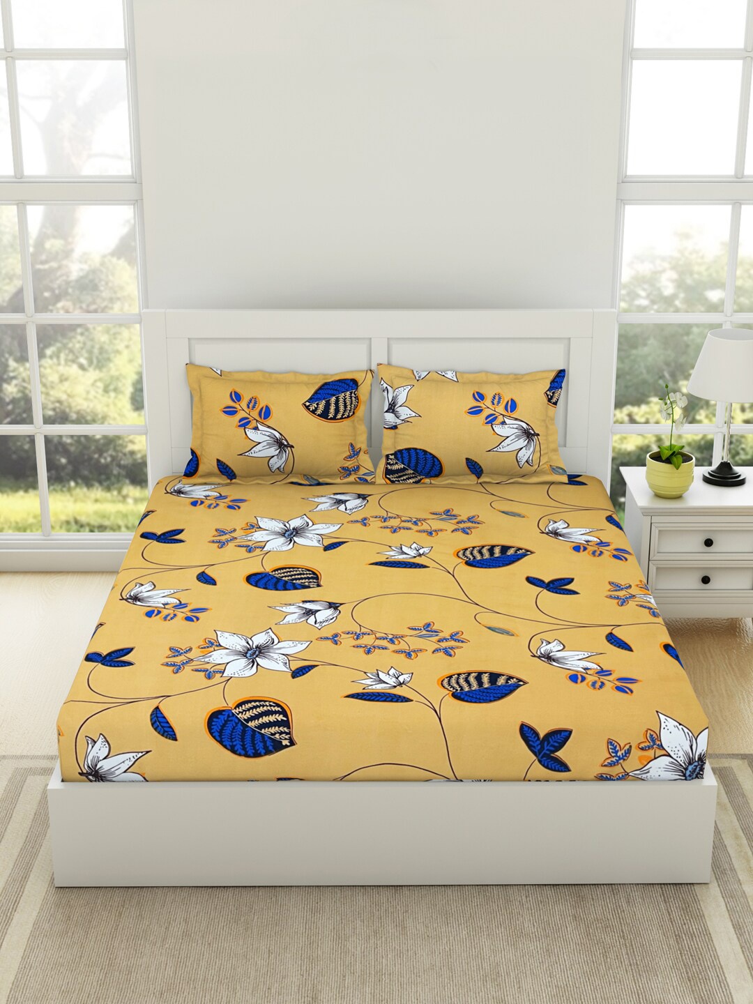 

Welspun Yellow Floral 144 TC Cotton Queen Bedsheet with 2 Pillow Covers, Assorted