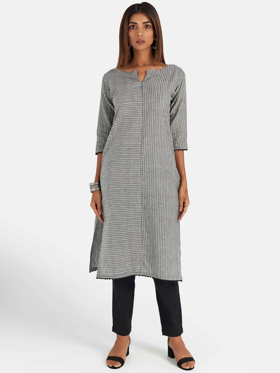 

Suta Women Grey Striped Pure Cotton Kurta with Trousers