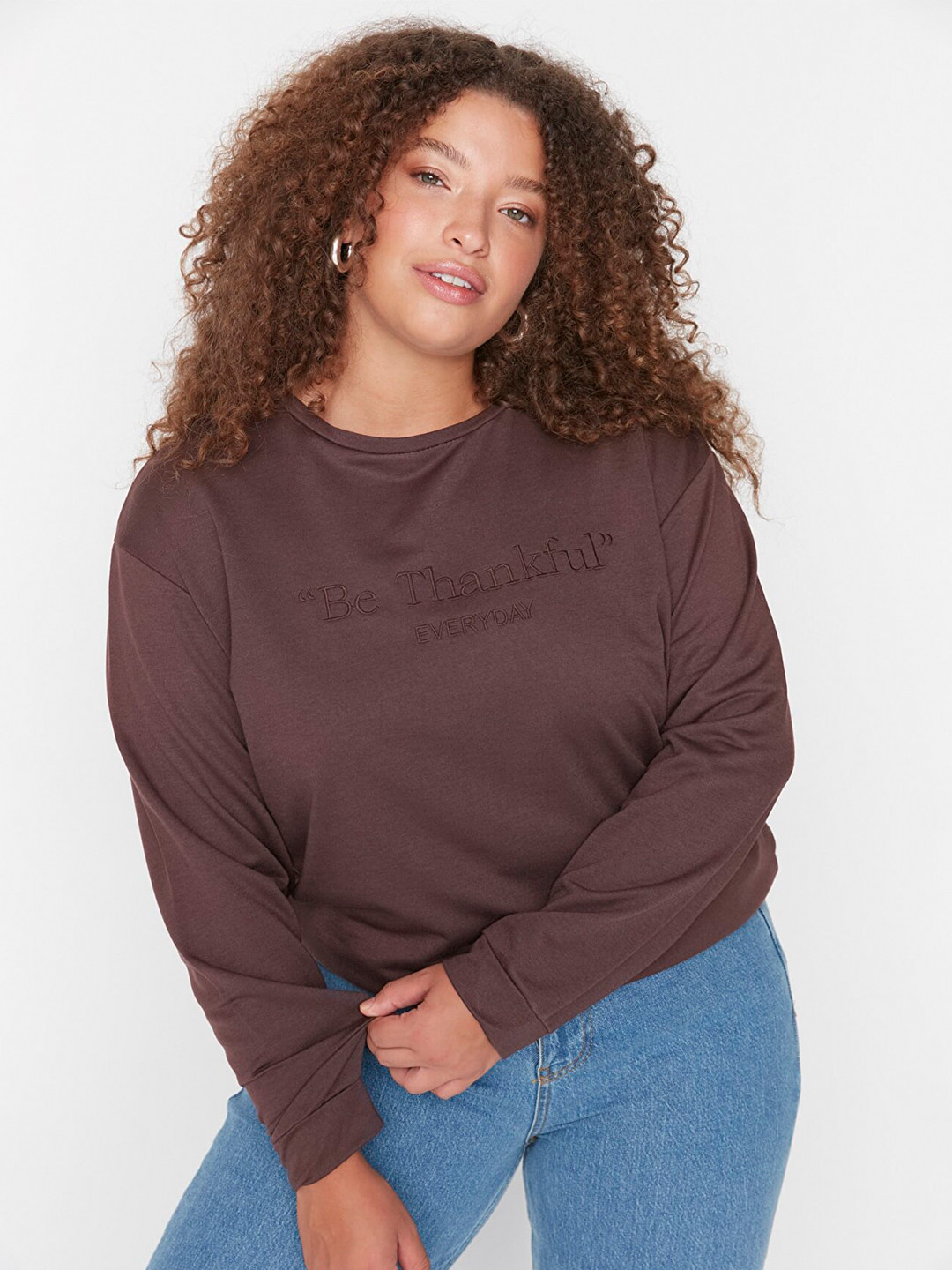 

Trendyol Women Brown Round Neck Cotton Sweatshirt