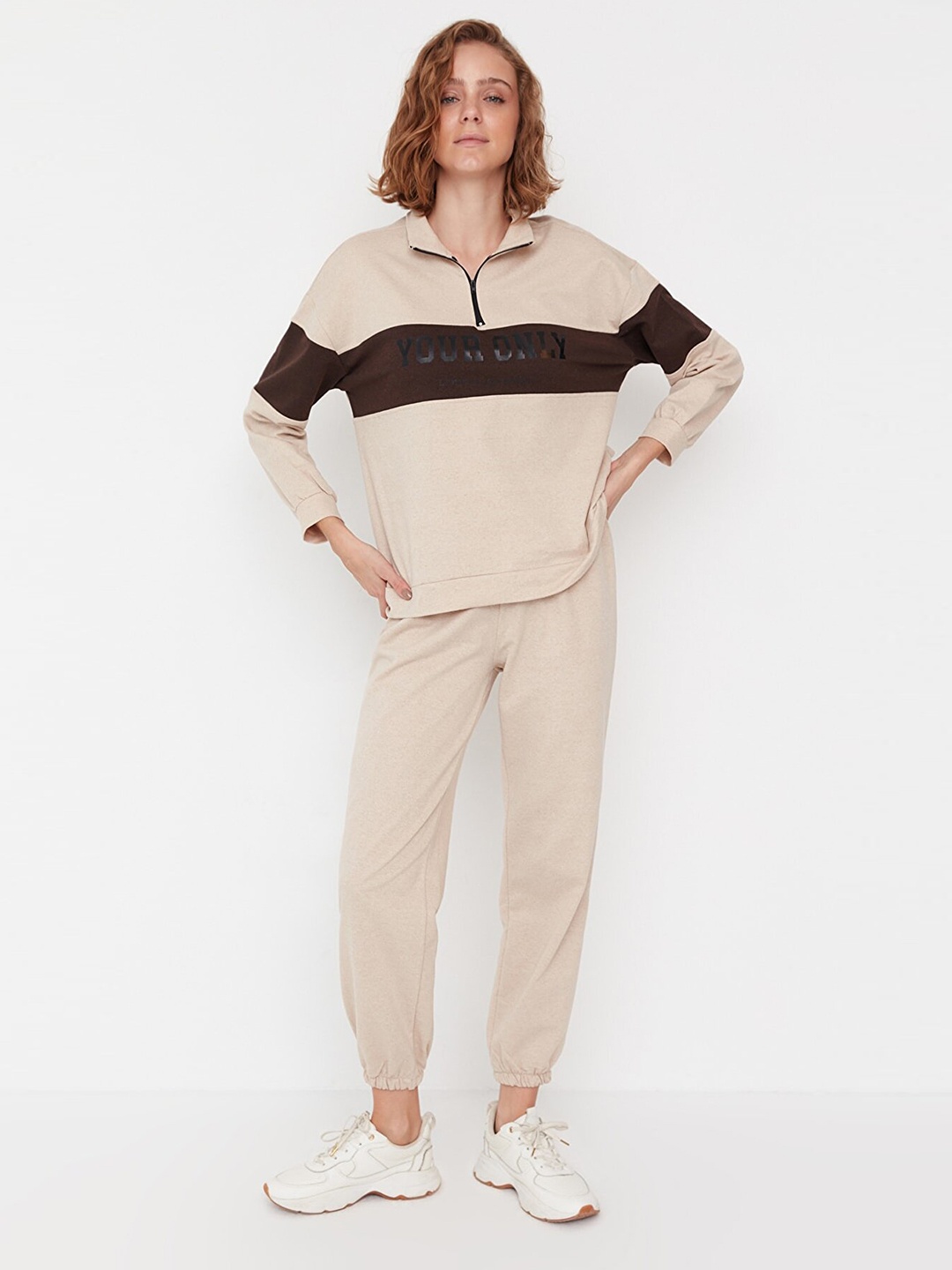 

Trendyol Women Cream-Coloured & Brown Colourblocked Sweatshirt