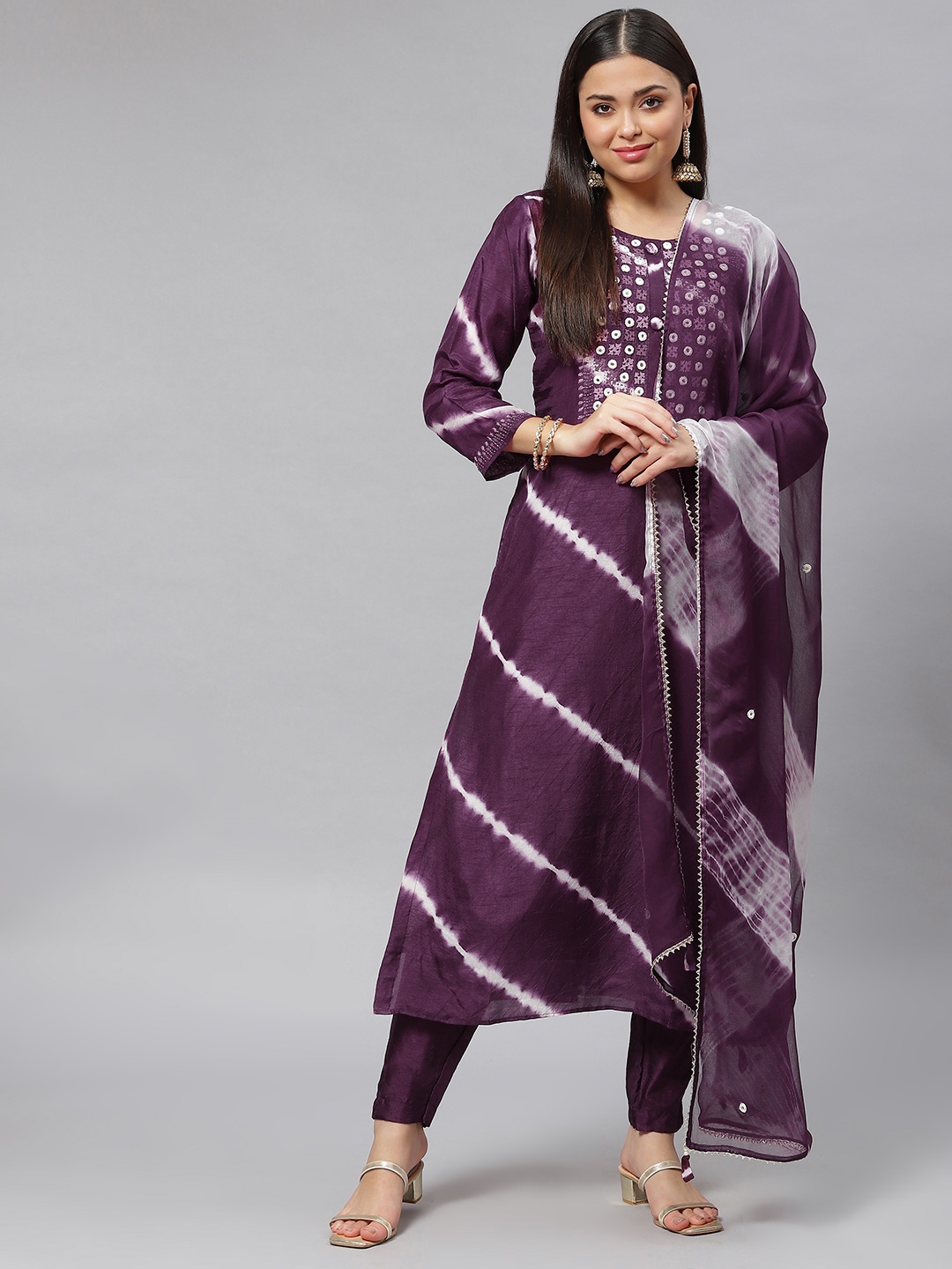 

mokshi Women Purple Dyed Mirror Work Chanderi Silk Kurta with Trousers & With Dupatta