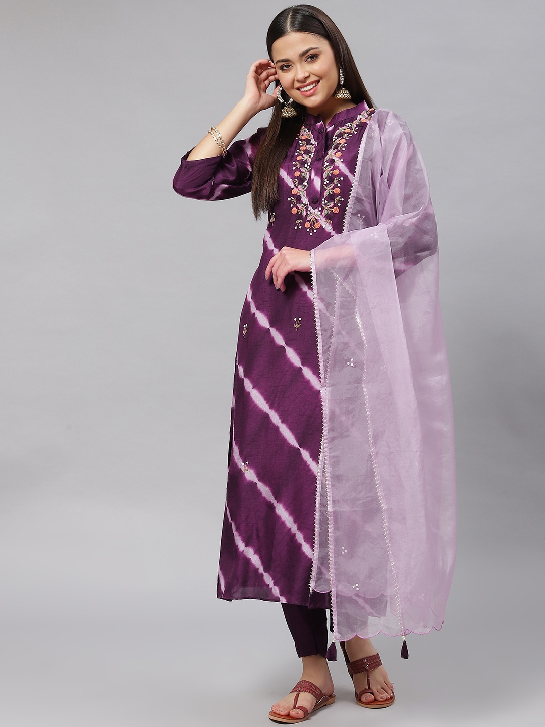 

mokshi Women Purple Dyed Beads and Stones Chanderi Silk Kurta with Trousers & With Dupatta