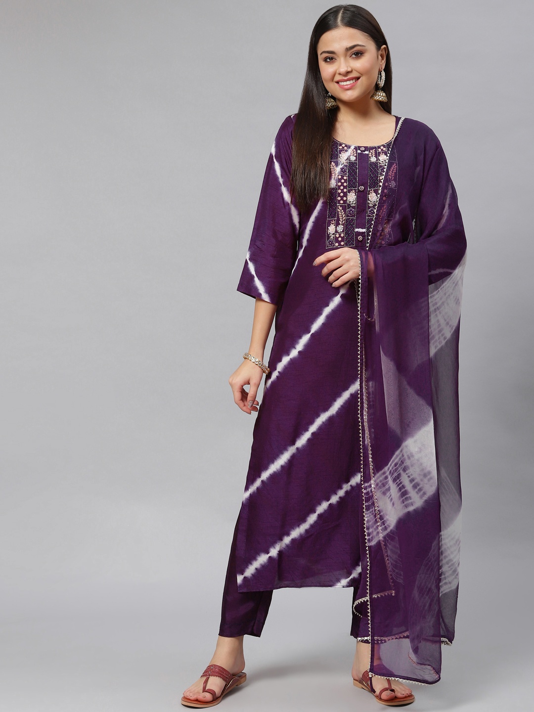 

mokshi Women Purple Ethnic Motifs Dyed Empire Beads and Stones Chanderi Silk Kurta with Trousers & With