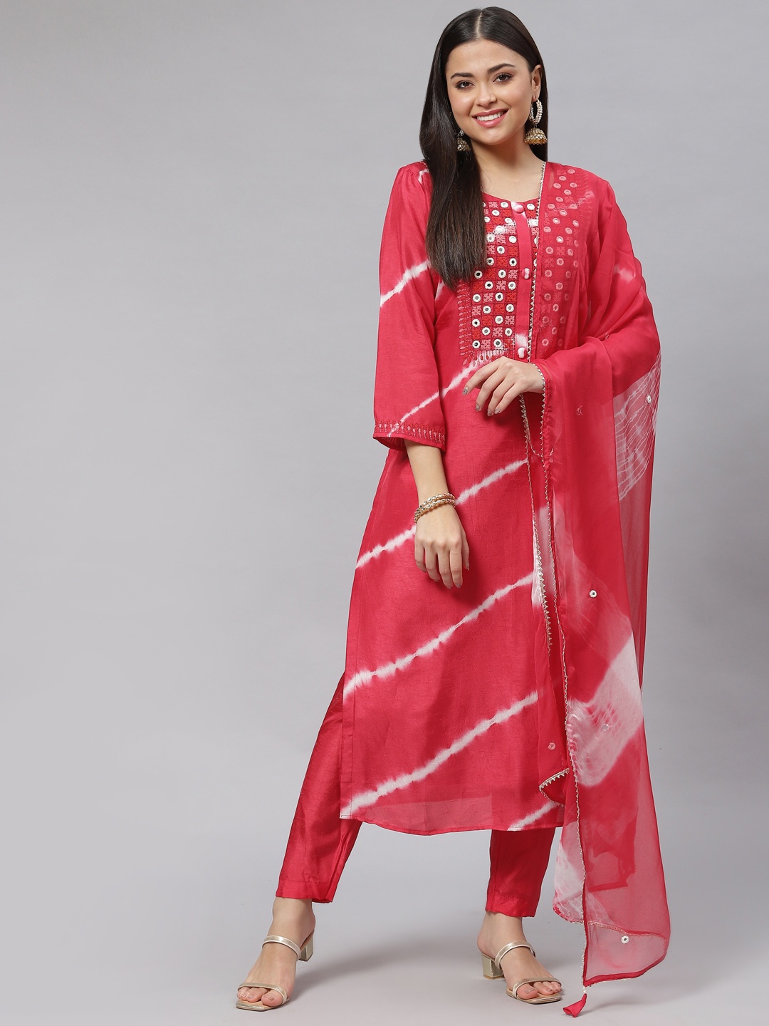 

mokshi Women Red Ethnic Motifs Dyed Mirror Work Chanderi Silk Kurta with Trousers & With Dupatta
