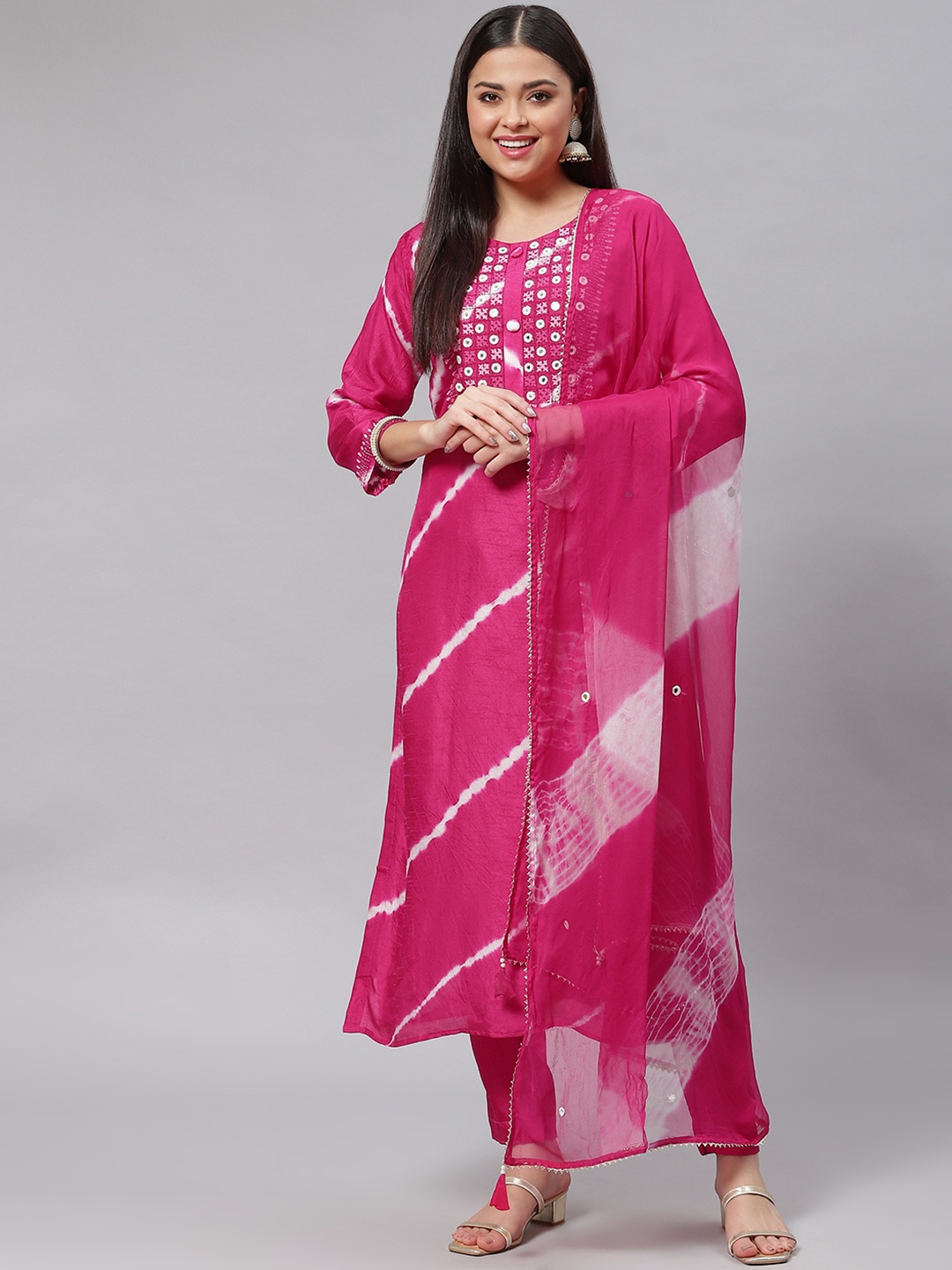 

mokshi Women Pink Ethnic Motifs Dyed Mirror Work Chanderi Silk Kurta with Trousers & With Dupatta