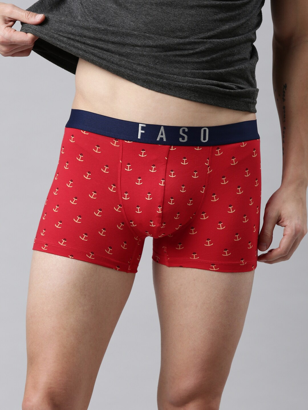 

FASO Men Red & Navy Blue Printed Cotton Trunk