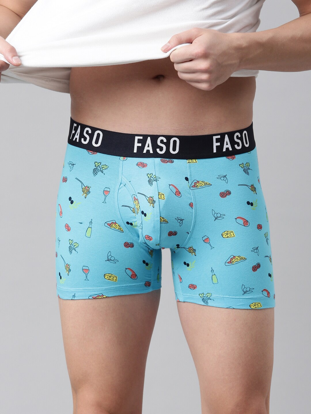 

FASO Men Turquoise Blue & Red Printed Cotton Trunk