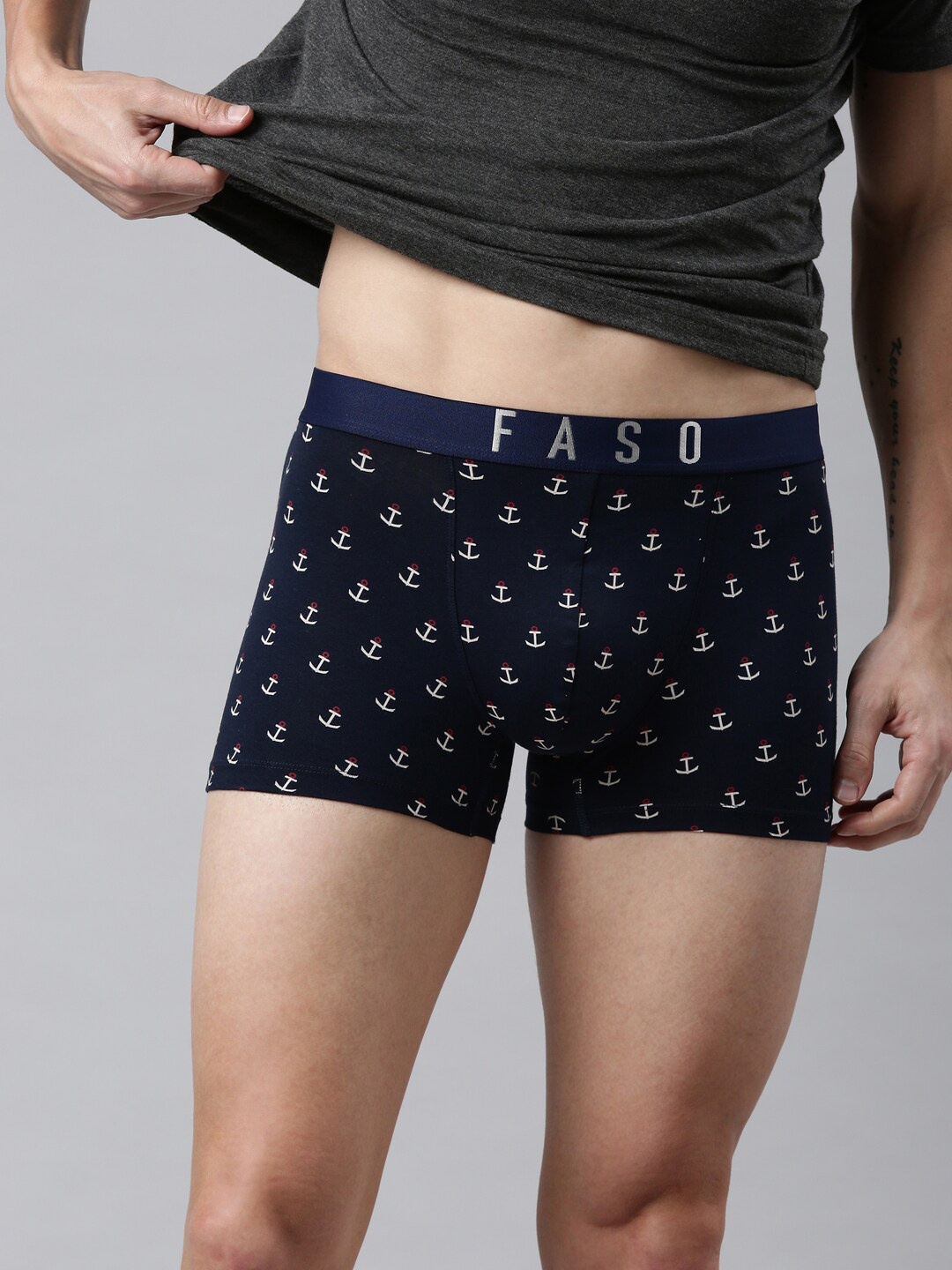 

FASO Men Navy Blue & White Cotton Printed Trunk