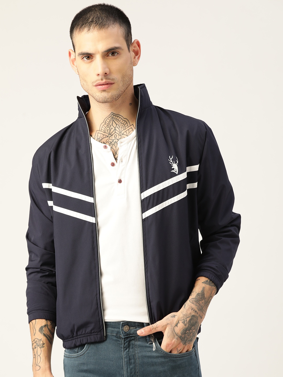 

PORTBLAIR Men Navy Blue White Lightweight Sporty Jacket