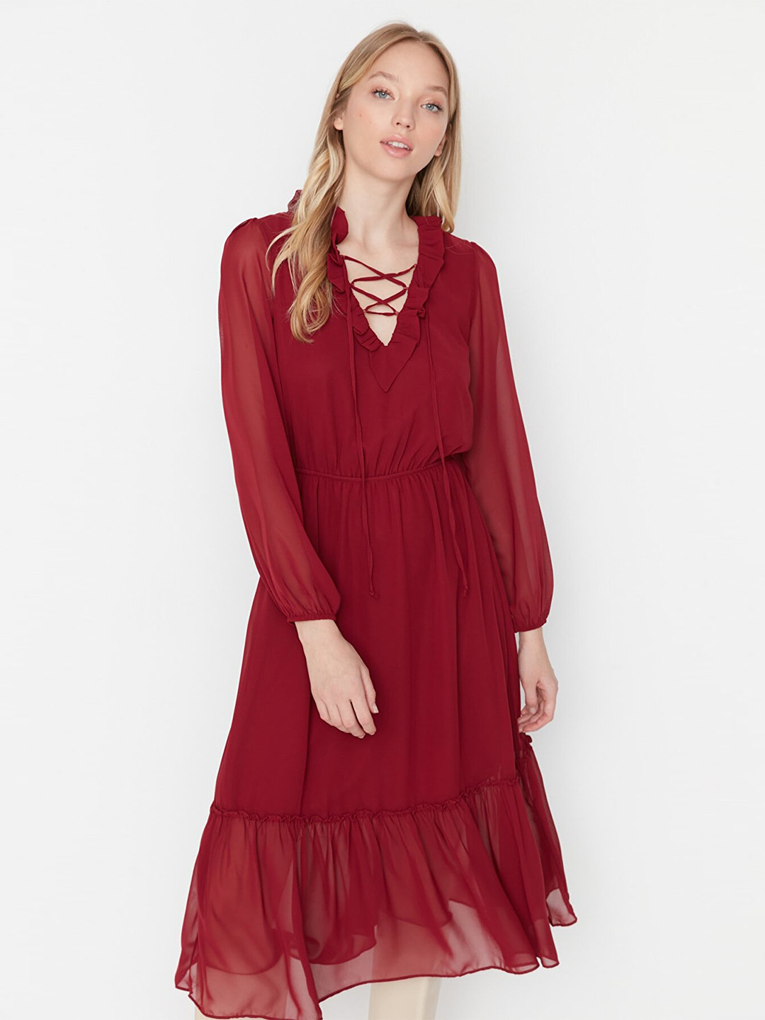 

Trendyol Burgundy Solid Midi Dress