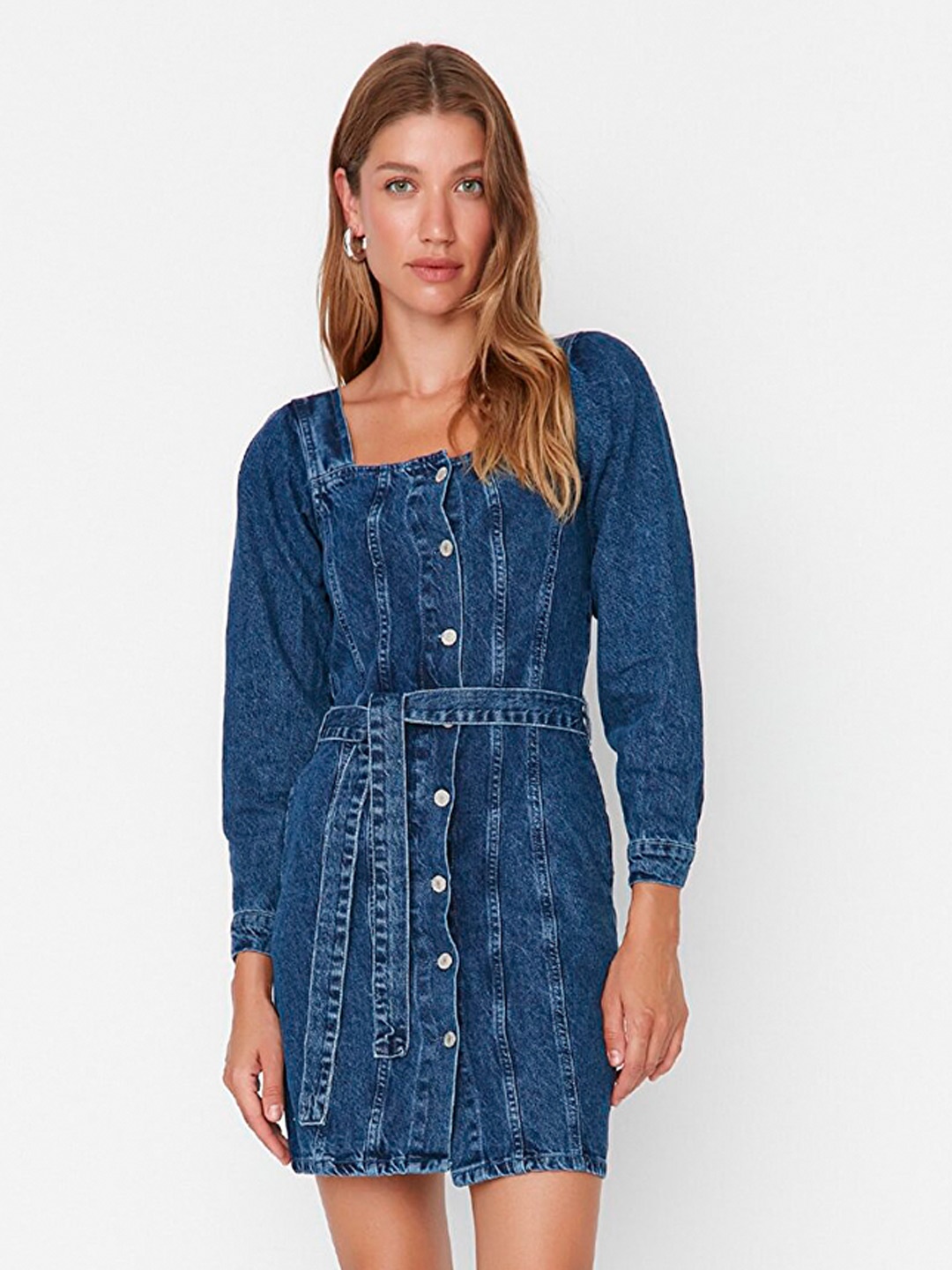 

Trendyol Women Blue A-Line Cotton Mini Dress