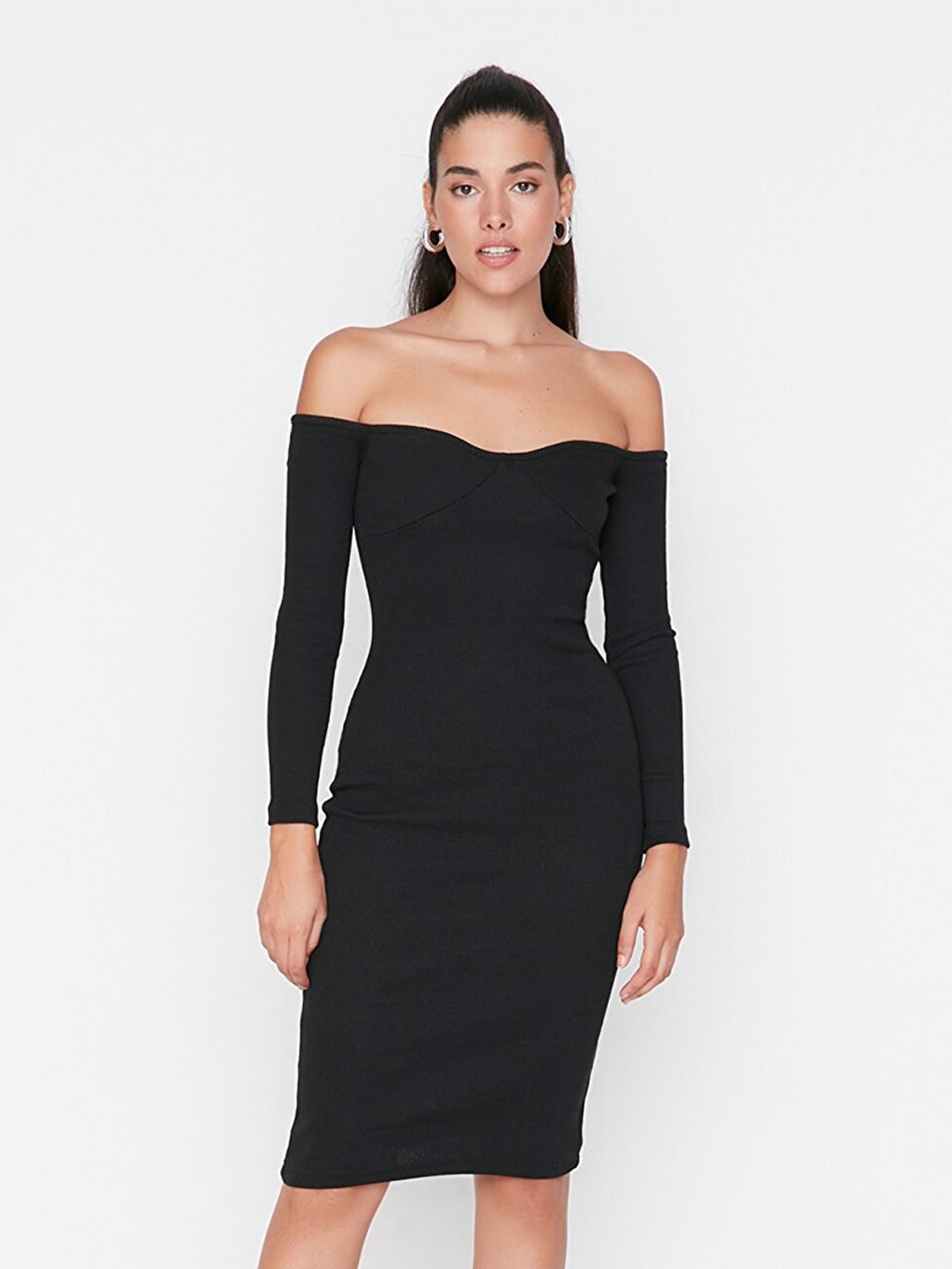 

Trendyol Women Black Off-Shoulder Cotton Bodycon Dress