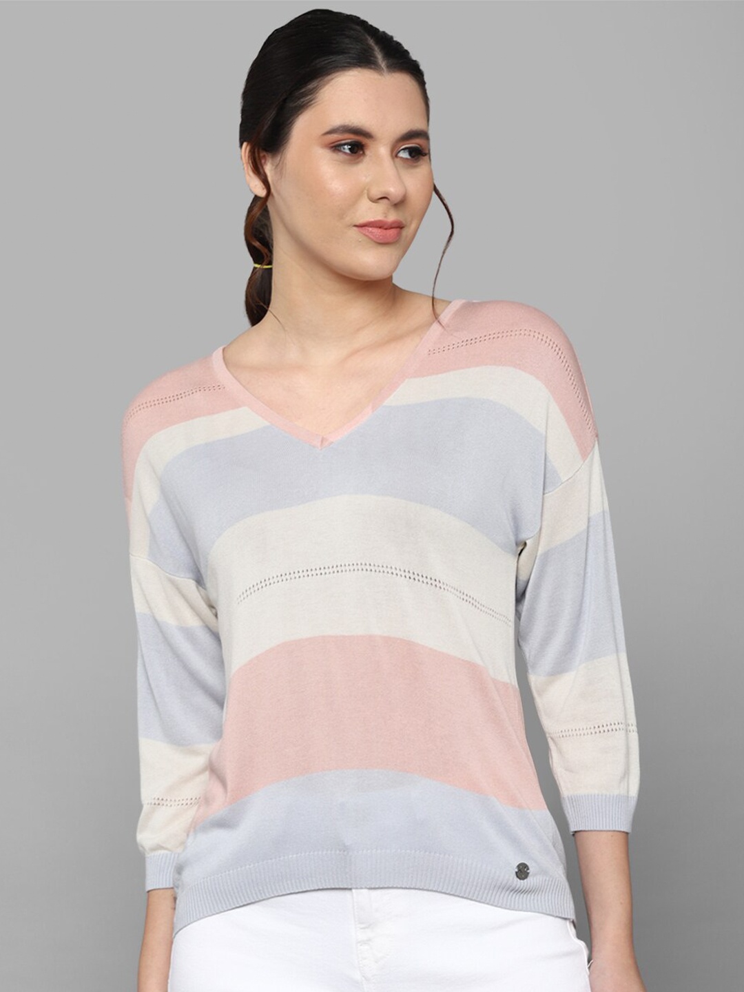 

Allen Solly Woman Off White & Peach-Coloured Colourblocked Top