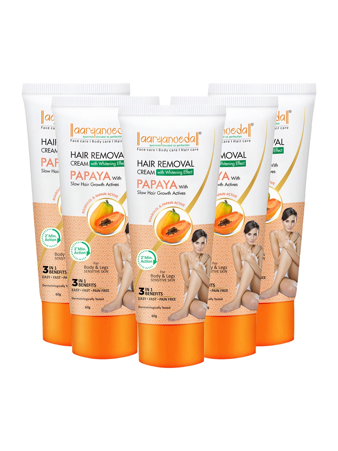 

Aryanveda Set of 5 Papaya Hair Removal Cream with Slow Hair Growth Actives - 60g Each, White