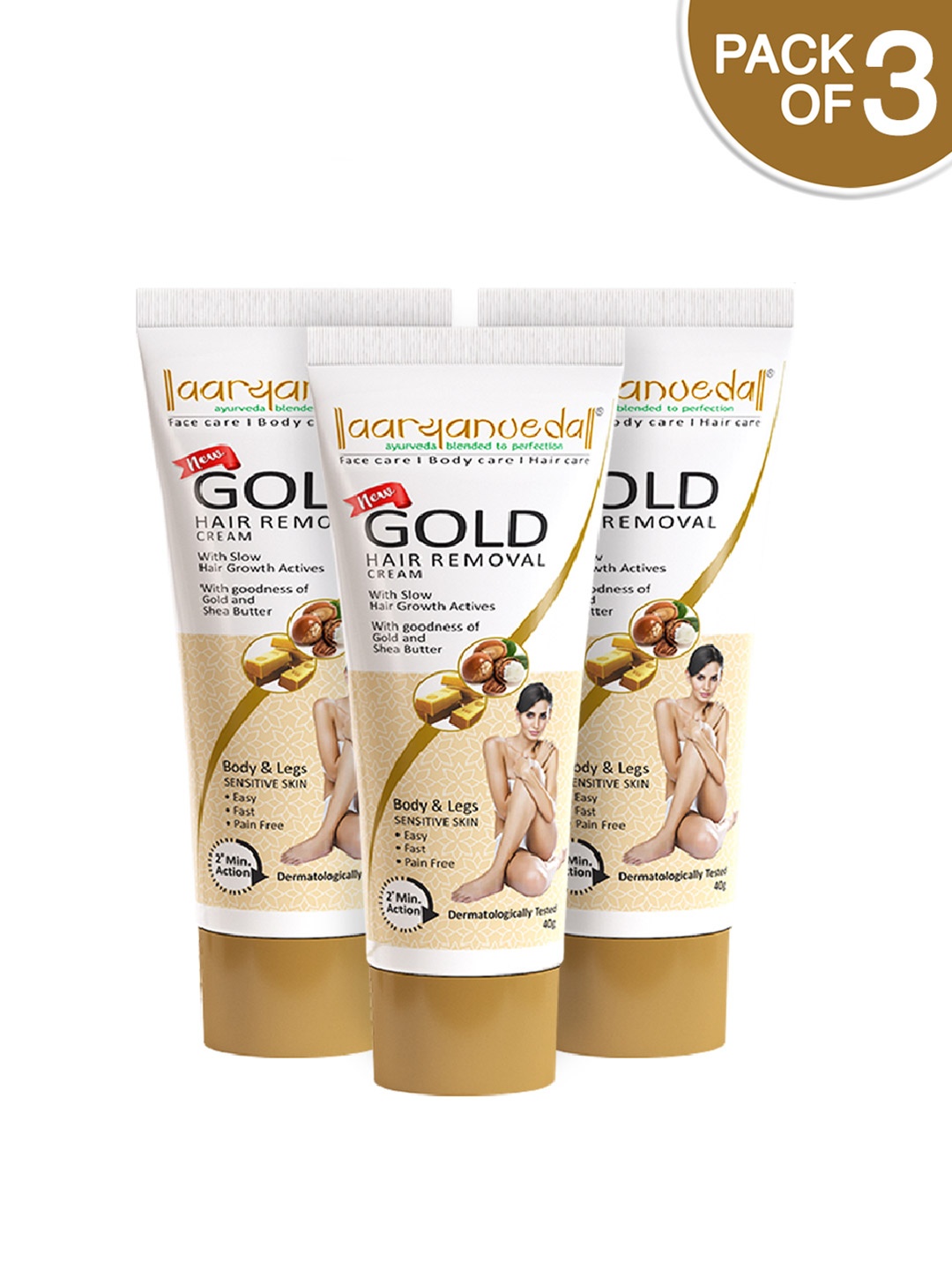 

Aryanveda Set of 3 Gold Hair Removal Cream with Shea Butter for Sensitive Skin - 40 g Each, White