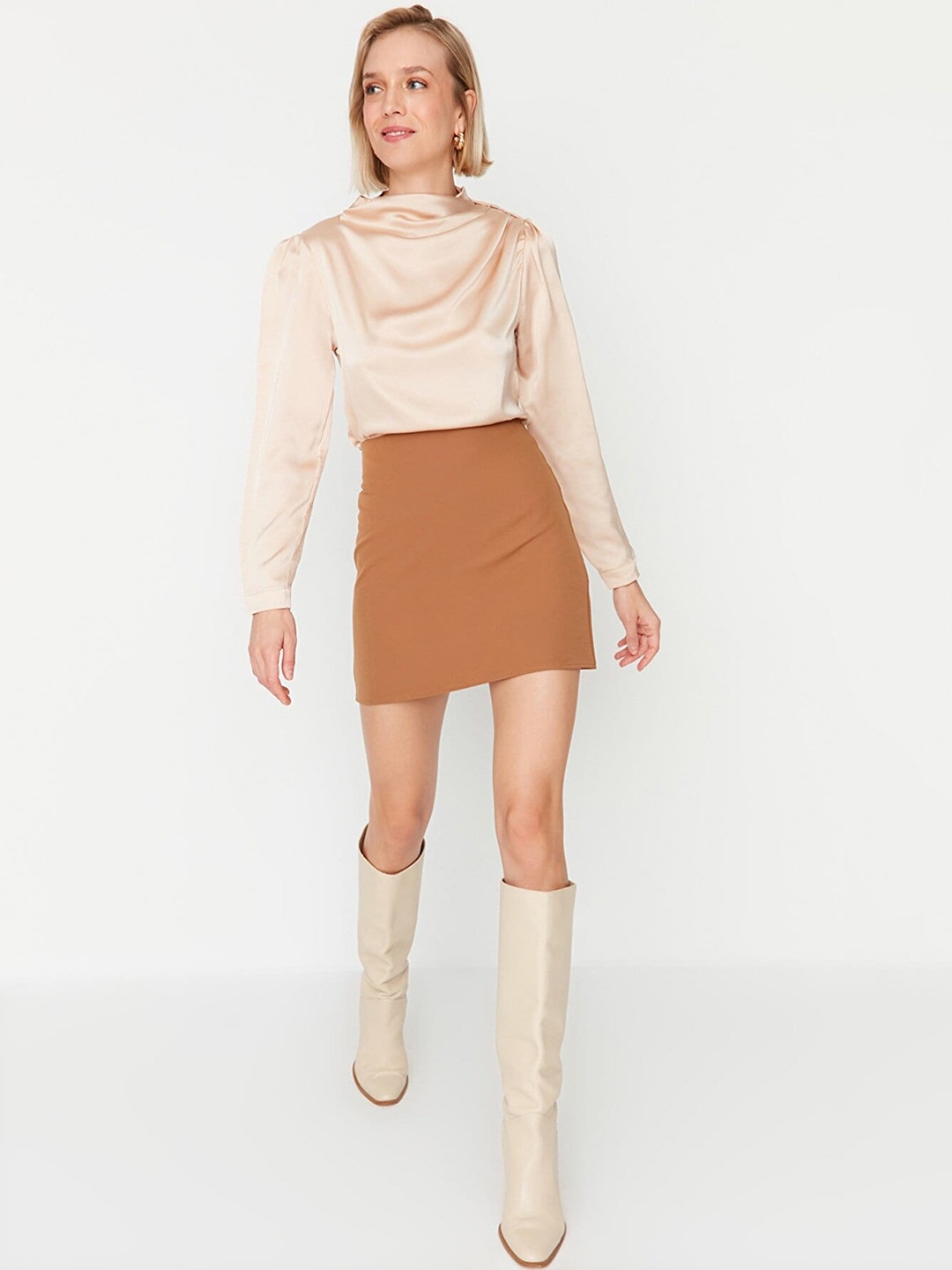 

Trendyol Women Camel Brown Solid A-Line Mini Skirt