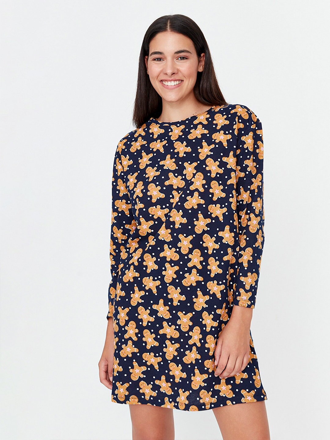 

Trendyol Navy Blue Printed Pure Cotton Nightdress