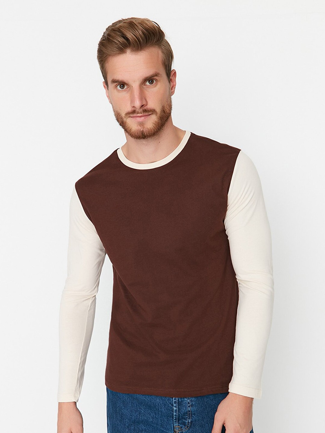 

Trendyol Men Brown & Off White Colourblocked Pure Cotton T-shirt