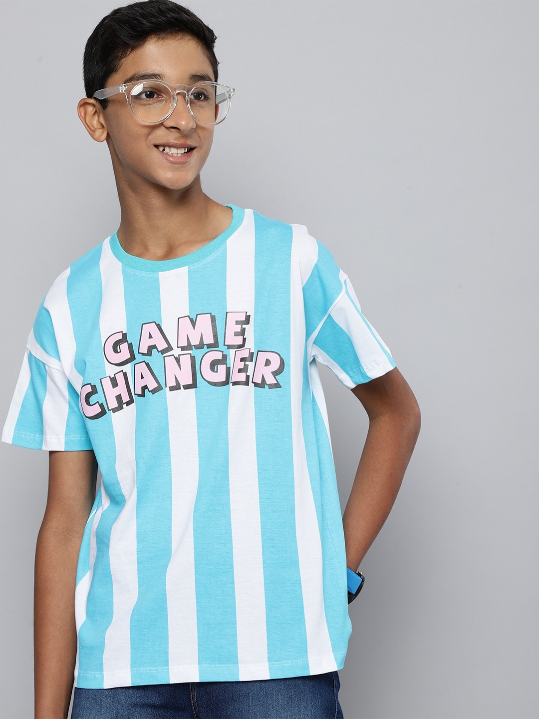 

YK Boys Striped & Typography Printed Pure Cotton T-shirt, Blue