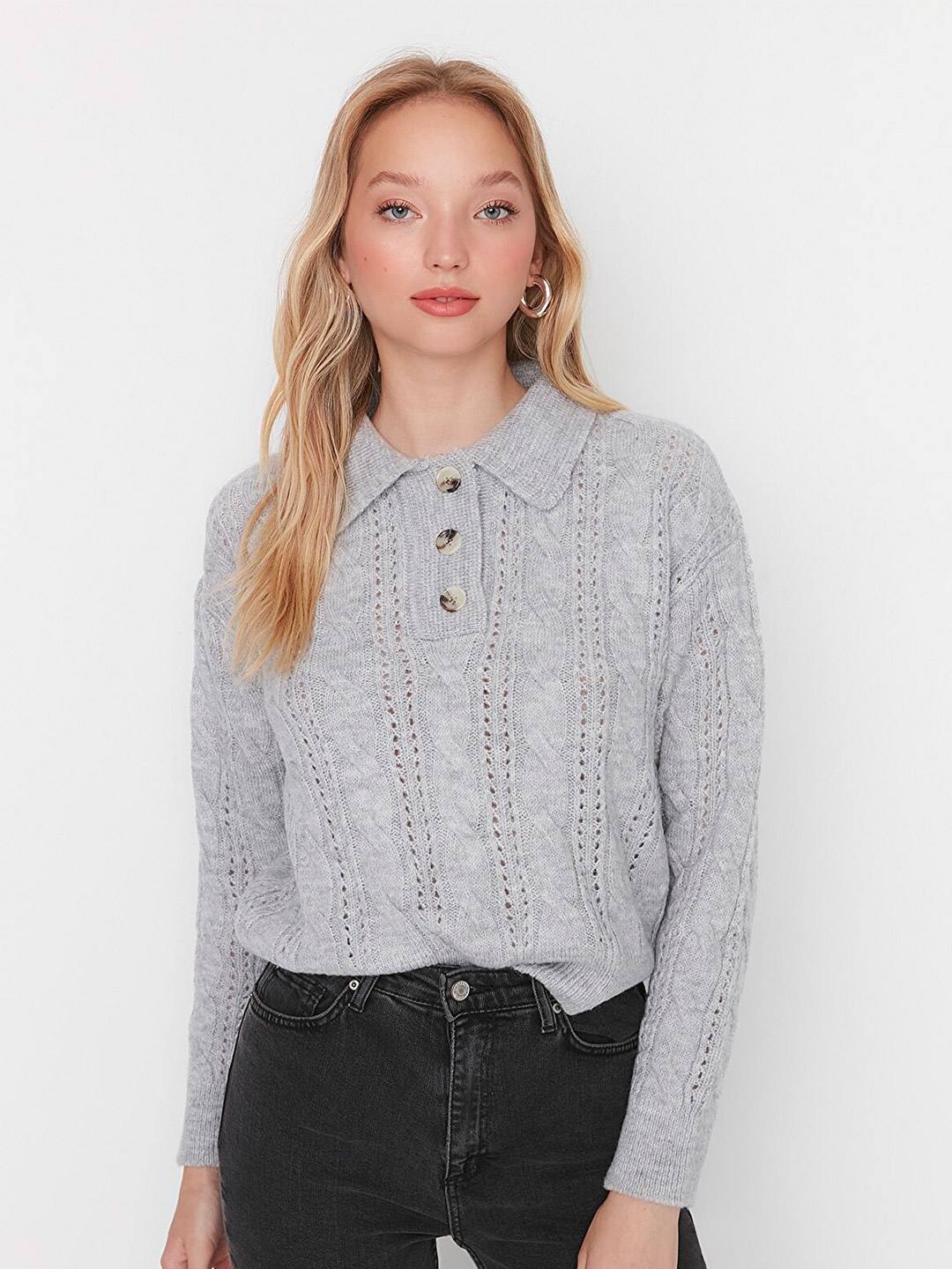 

Trendyol Women Grey Cable Knit Pullover