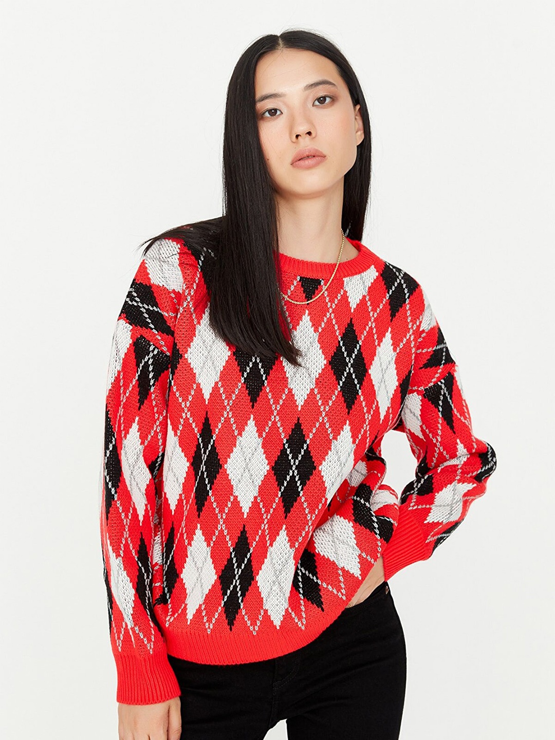 

Trendyol Women Red & Black Printed Acrylic Pullover