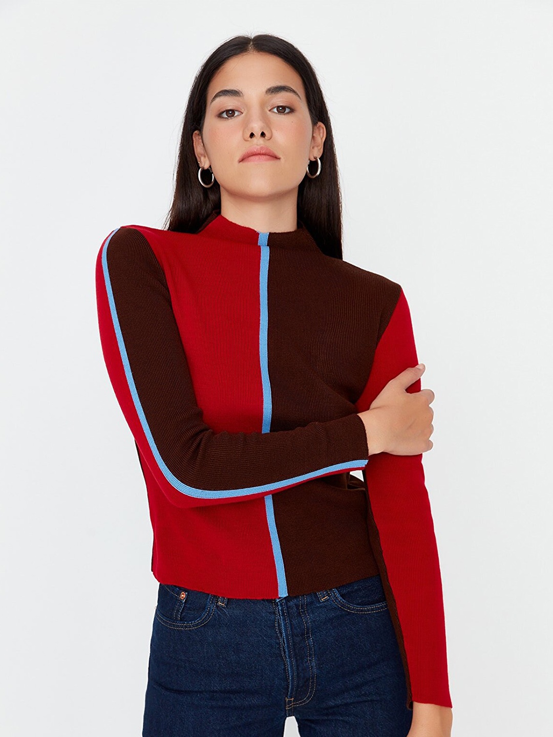 

Trendyol Women Colourblocked Pullover, Red