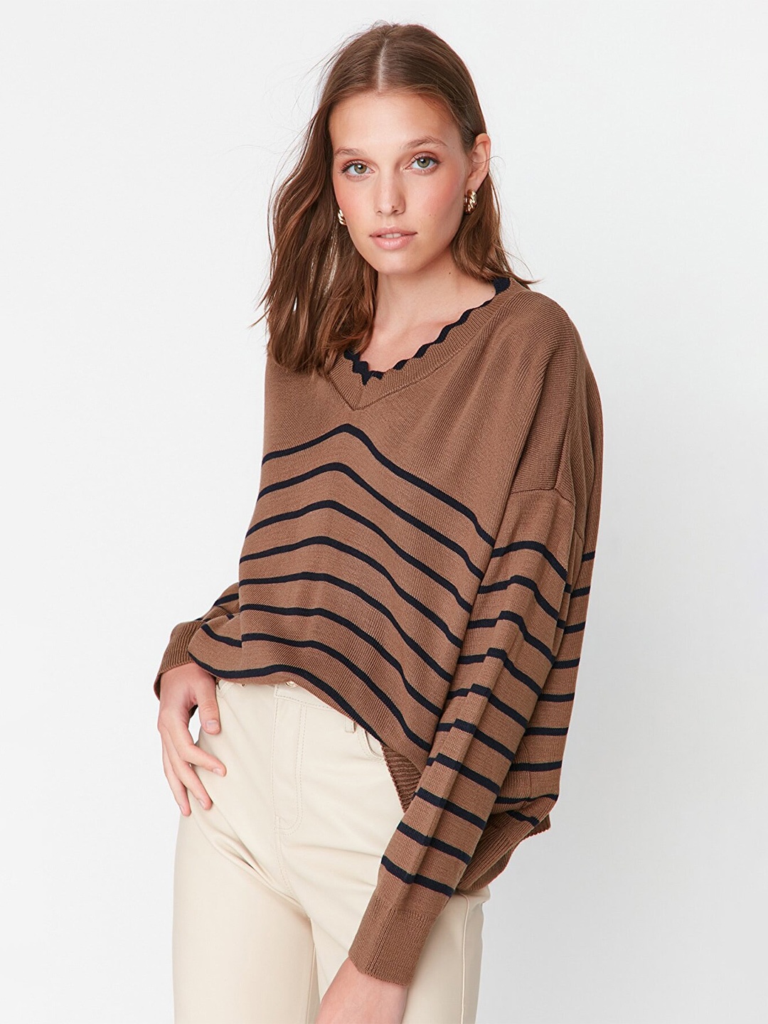 

Trendyol Women Brown & Black Striped Striped Pullover