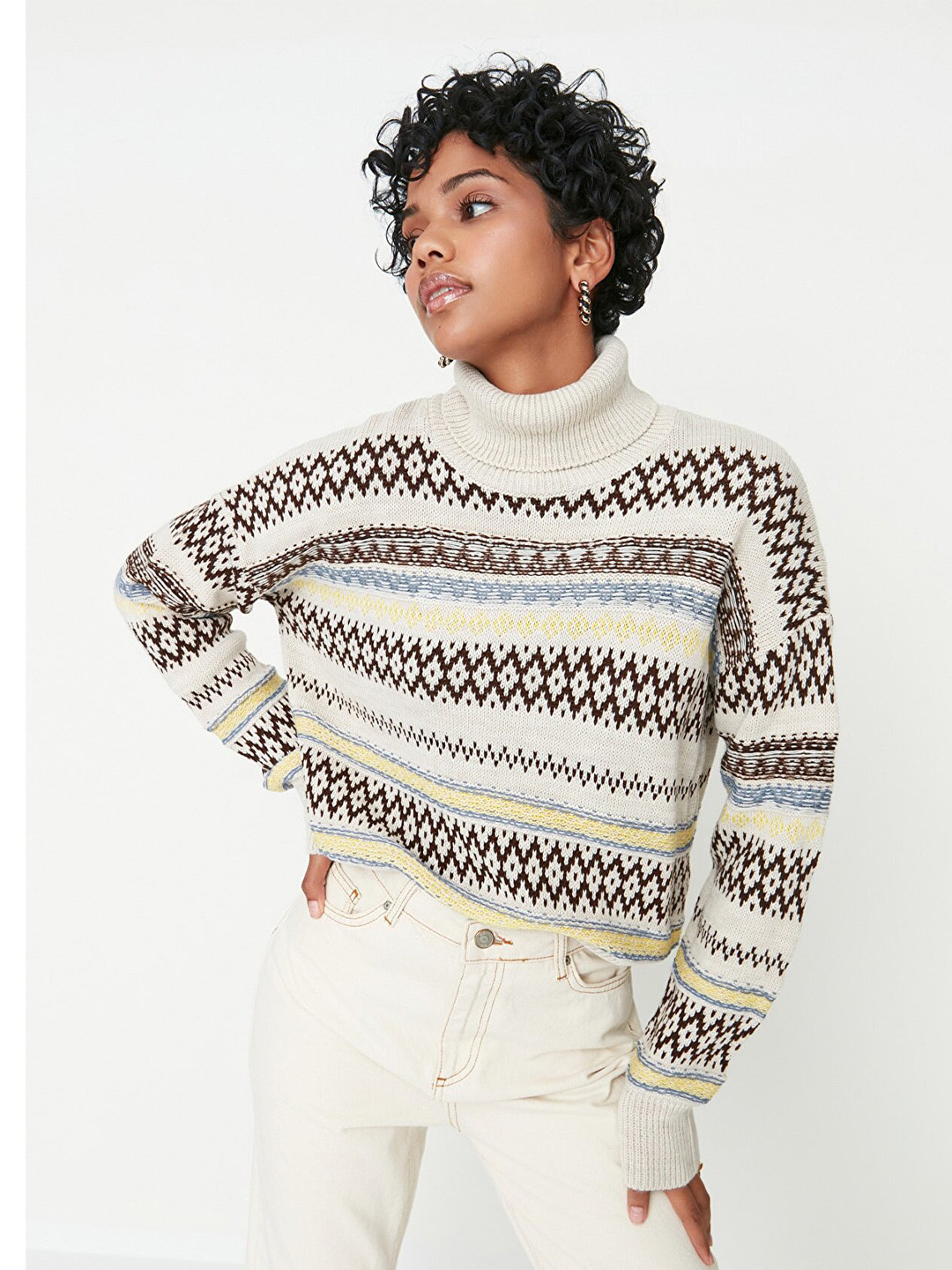

Trendyol Women Off White & Brown Printed Pullover