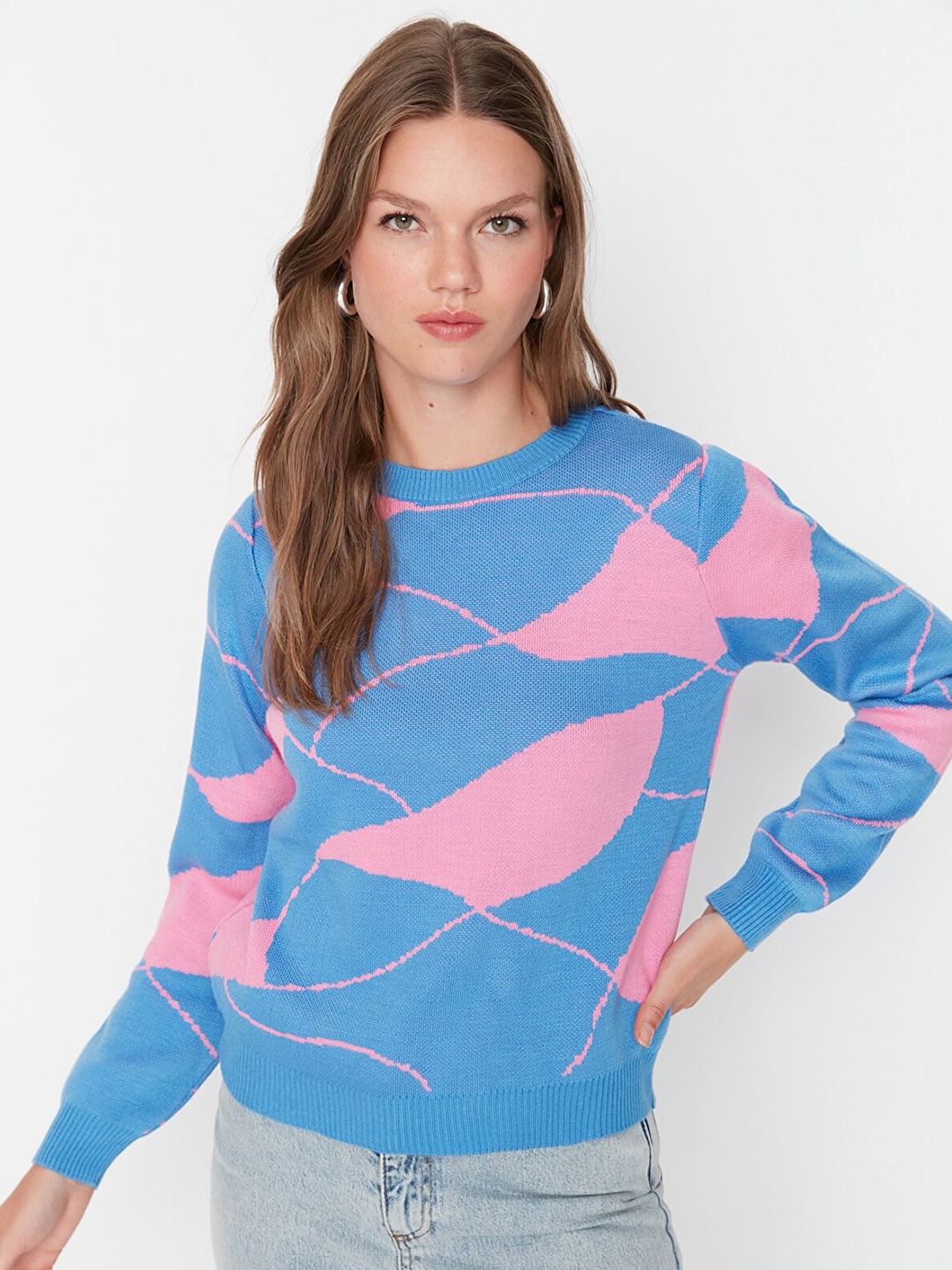 

Trendyol Women Blue & Pink Printed Pullover