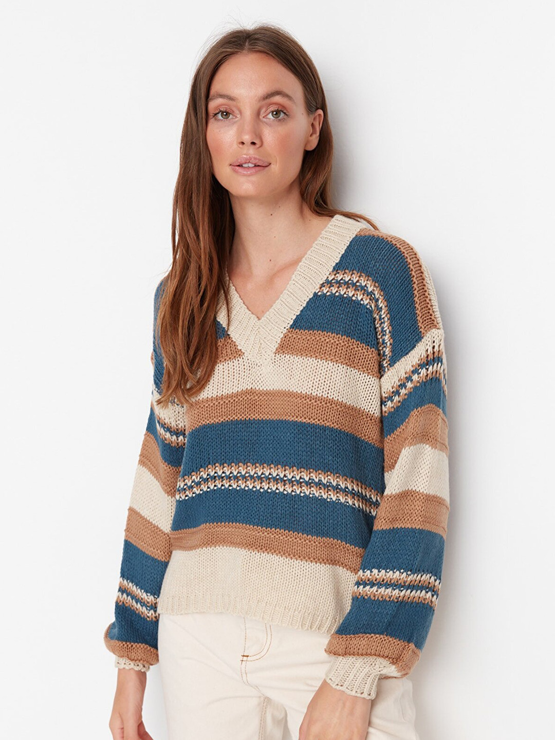 

Trendyol Women Beige & Brown Striped Pullover