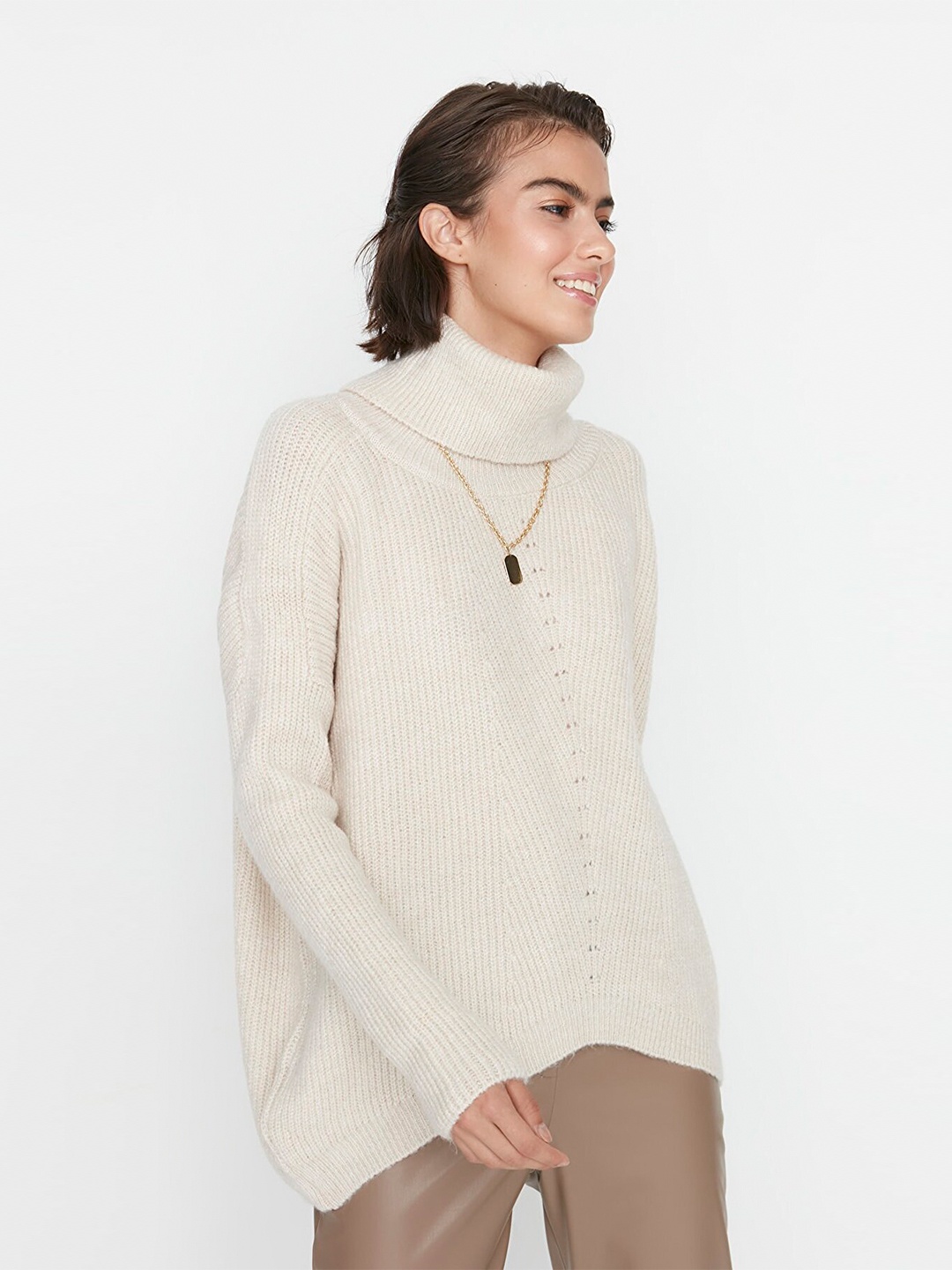 

Trendyol Women Off White Longline Turtle Neck Pullover