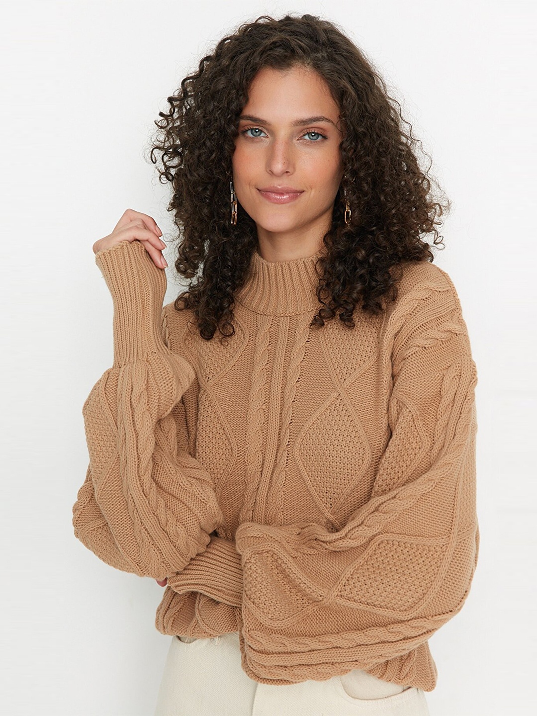 

Trendyol Women Camel Brown Cable Knit Pullover