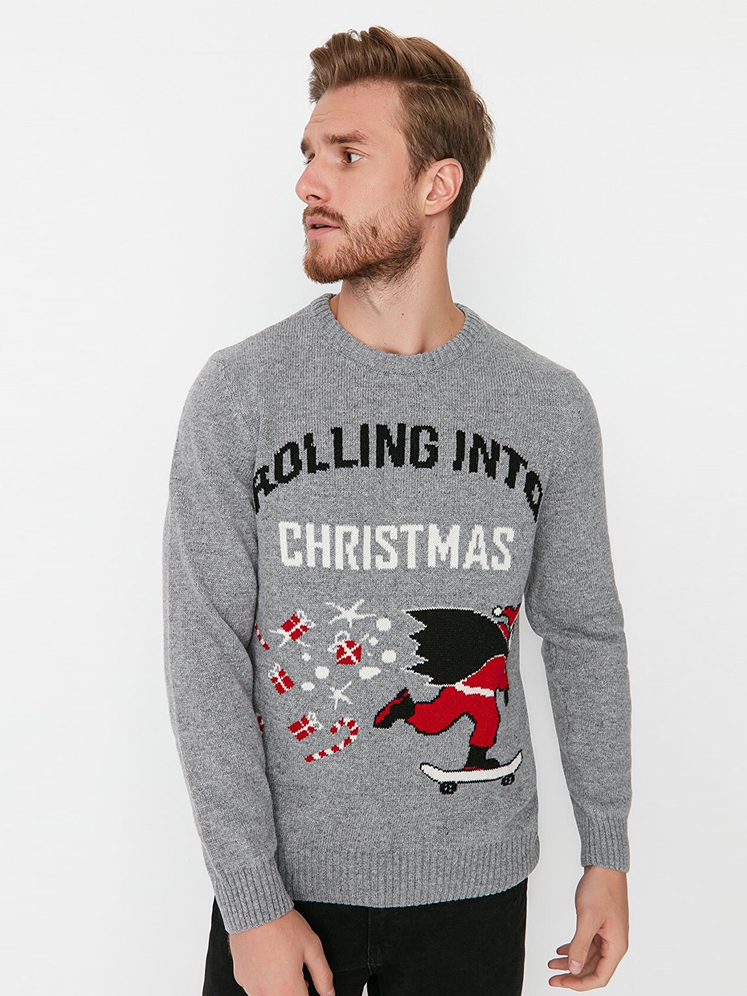 

Trendyol Men Typography Printed Pullover, Grey