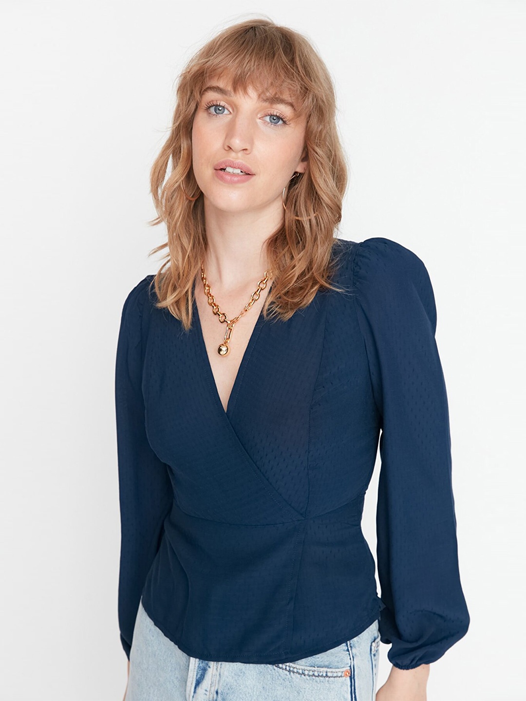 

Trendyol Women Navy Blue Puff Sleeves Wrap Top