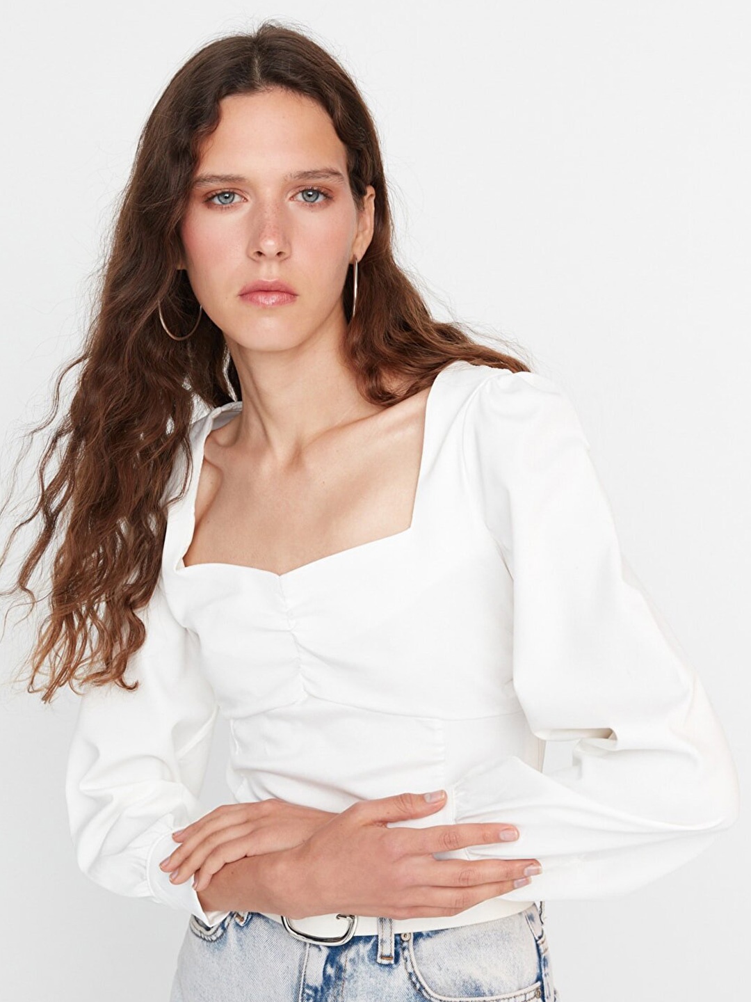 

Trendyol Women Off White Sweetheart Neck Top