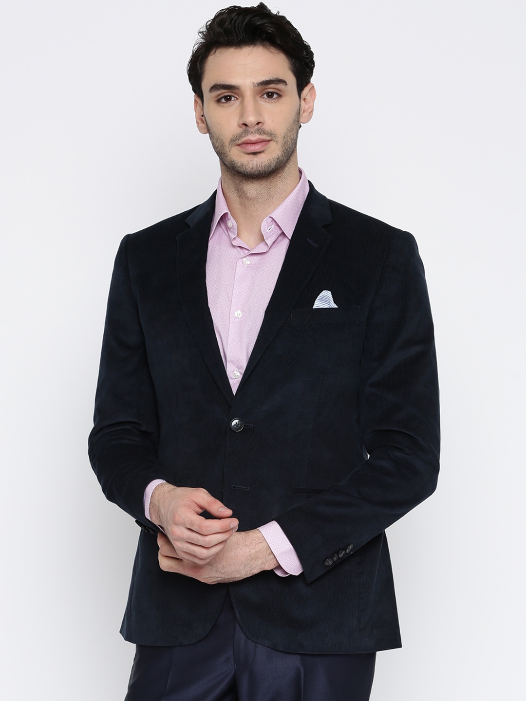 

Raymond Navy Solid Slim Fit Single-Breasted Corduroy Casual Blazer, Navy blue