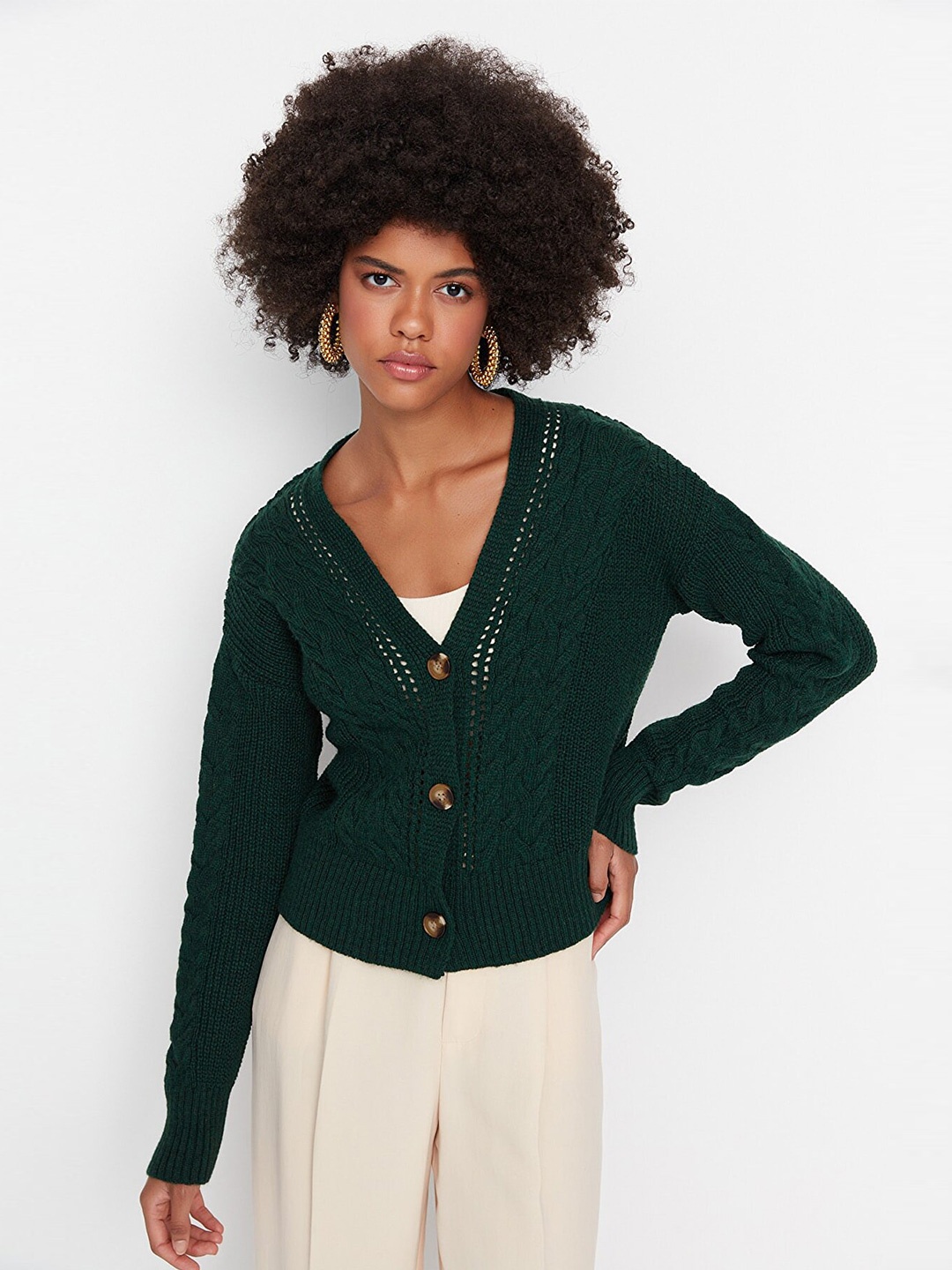 

Trendyol Women Green Cable Knit Cardigan Sweater