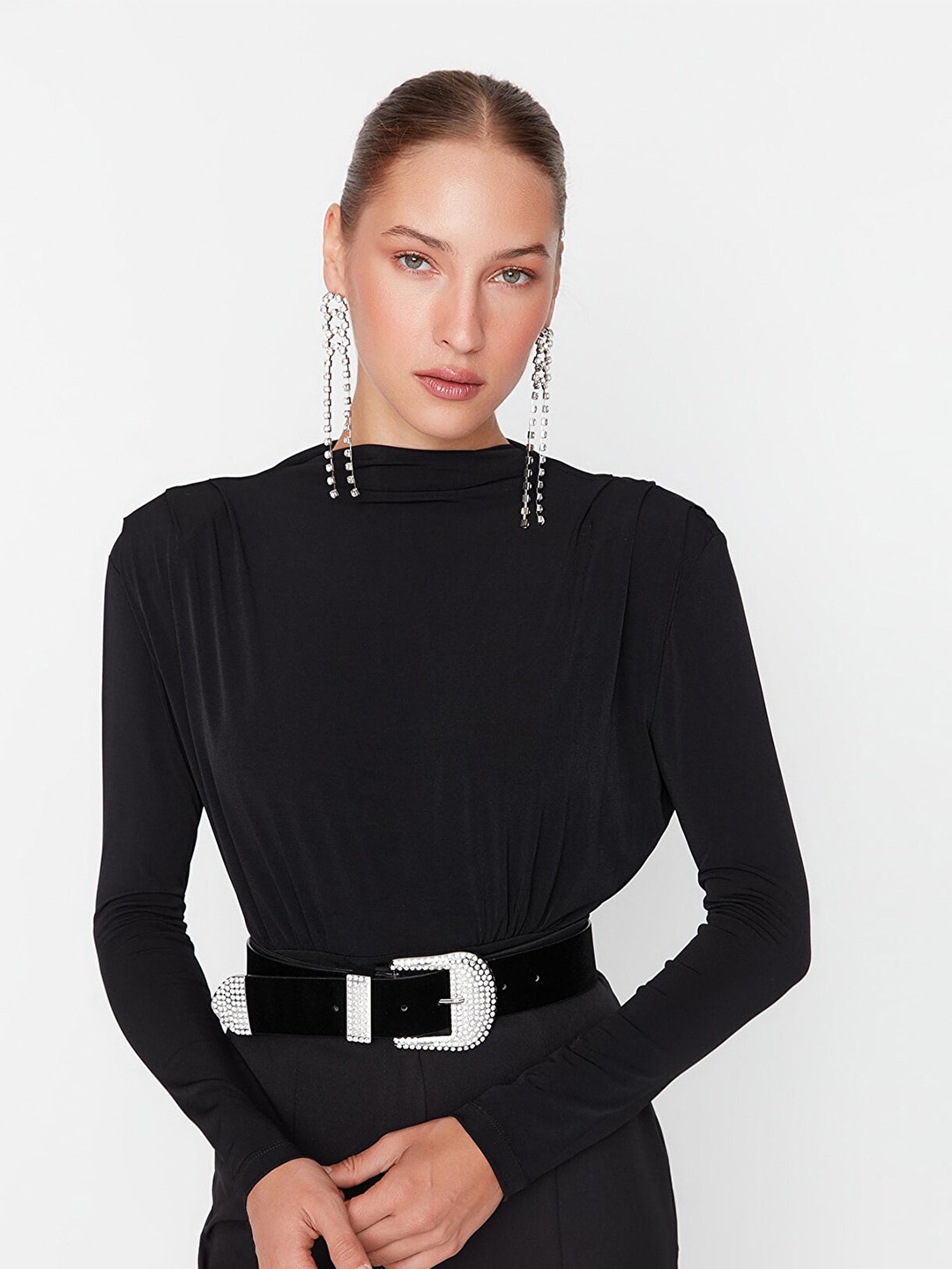 

Trendyol Black Solid High Neck Top