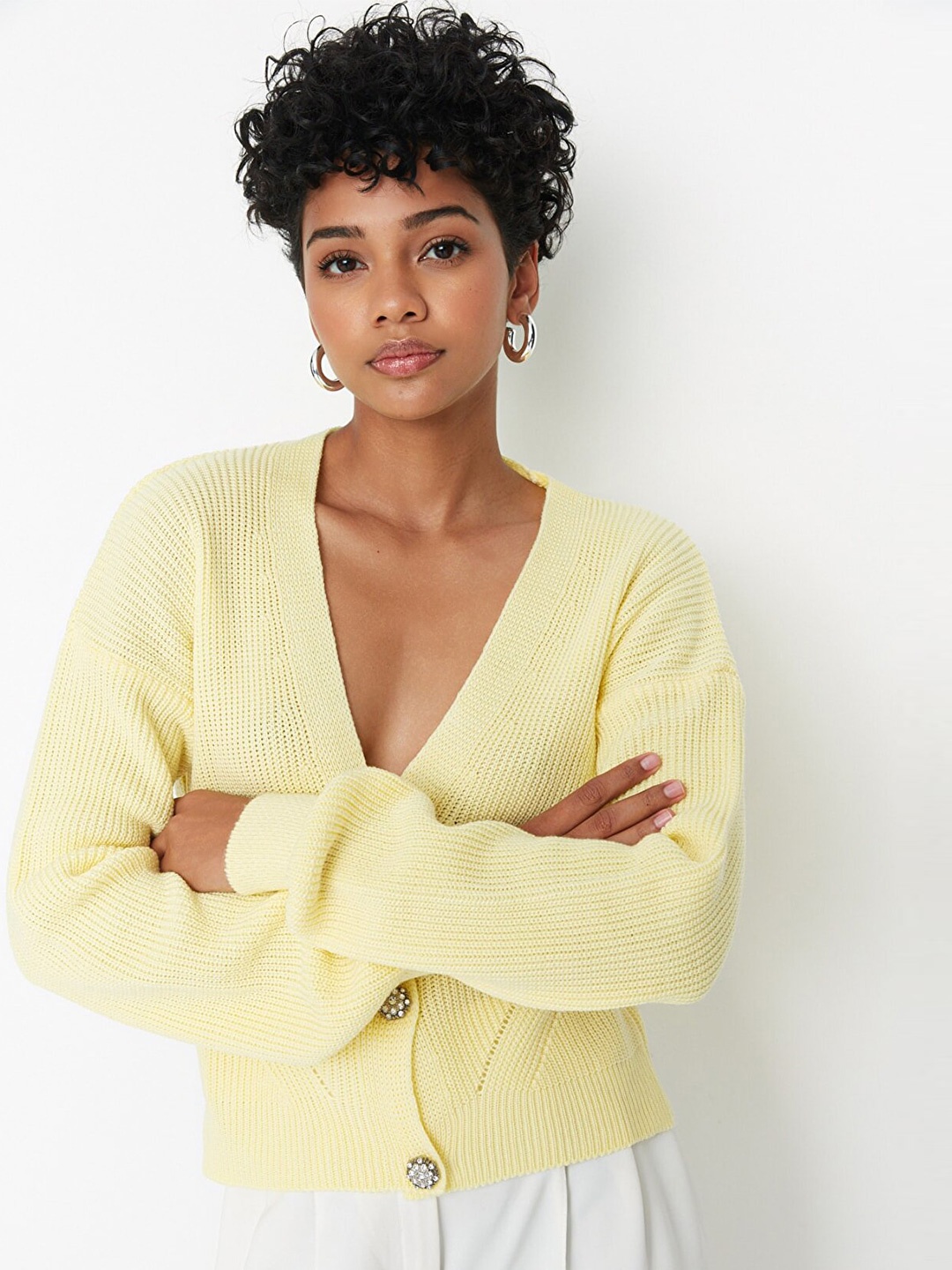 

Trendyol Women Yellow Cable Knit Acrylic Crop Cardigan