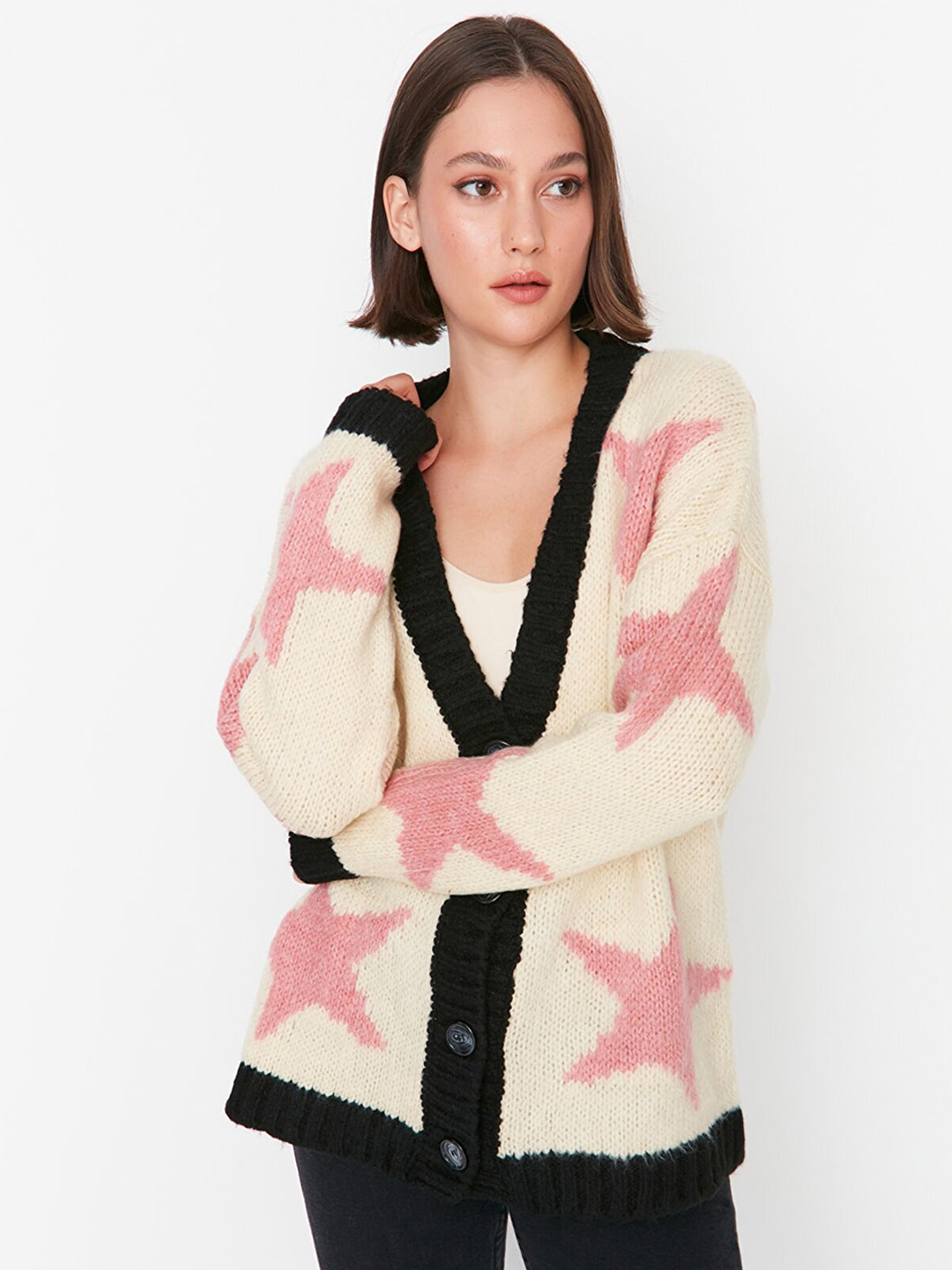 

Trendyol Women Black & Beige Acrylic Cable Knit Cardigan