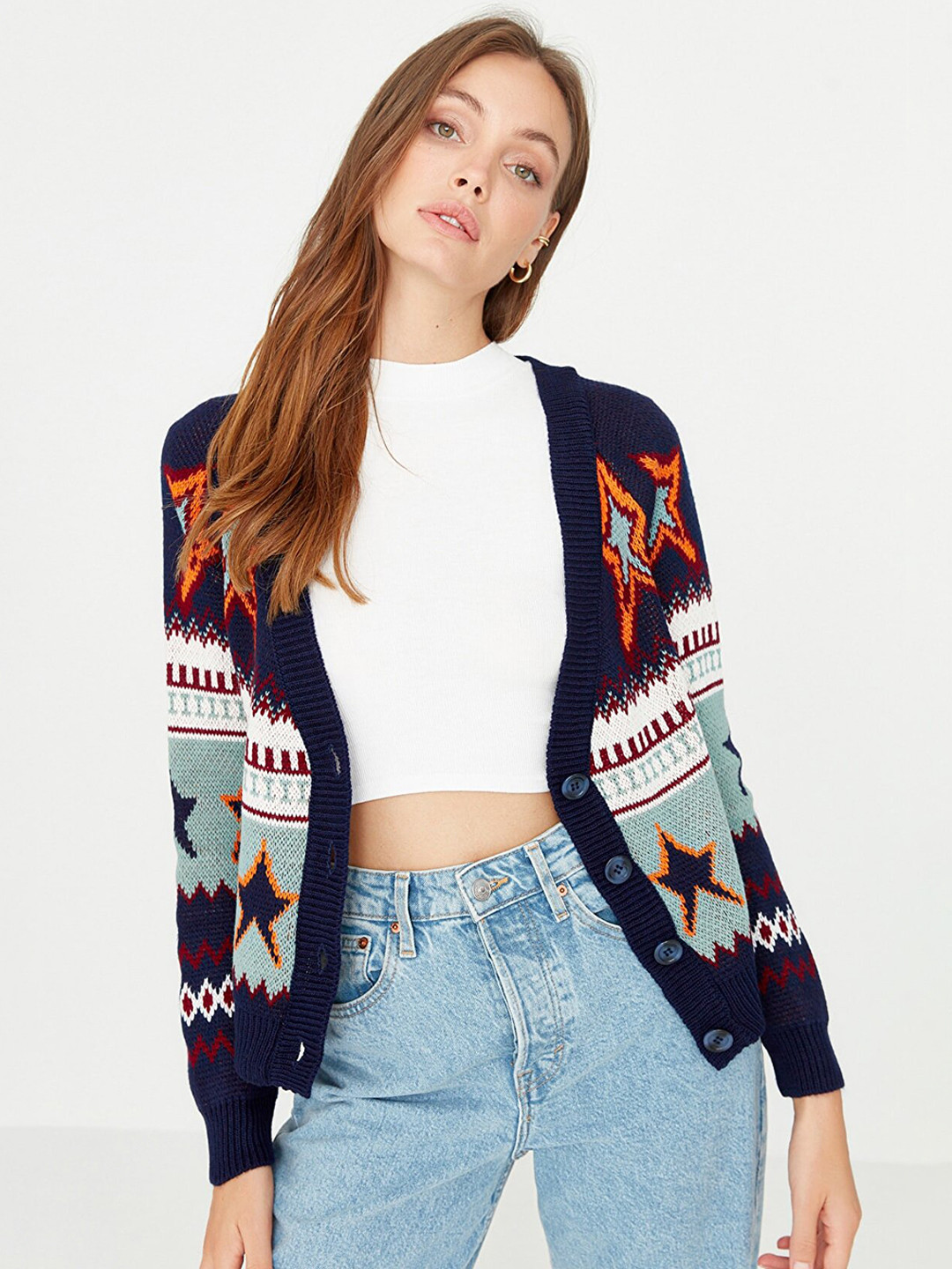 

Trendyol Women Navy Blue & Green Cardigan Sweater