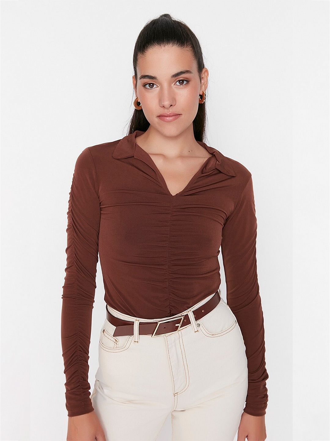 

Trendyol Brown Solid Shirt Collar Top