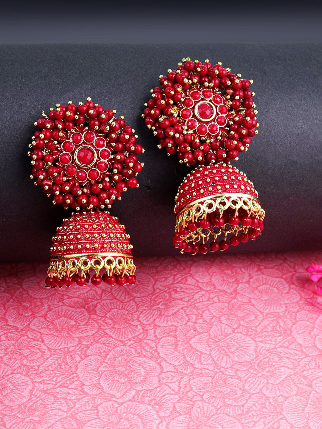 

Fashion Frill Red & Gold-Toned Floral Jhumkas Earrings