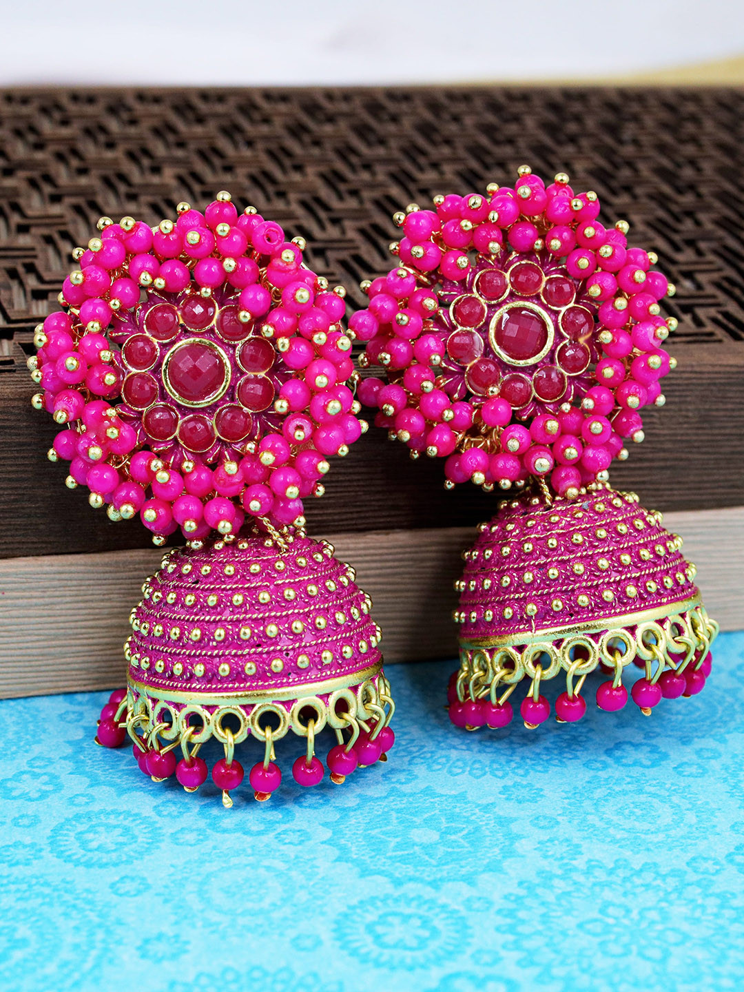 

Fashion Frill Pink & Gold-Toned Floral Jhumkas Earrings